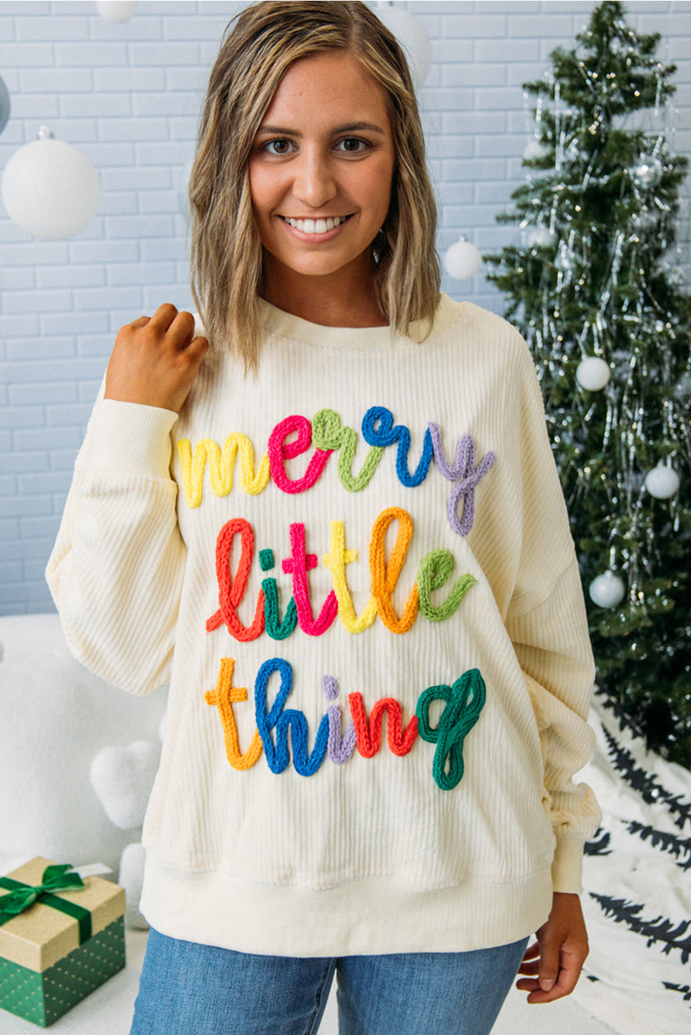 little thing merry thing Corded Letter Graphic Rib-Knit Loose Sweatshirt