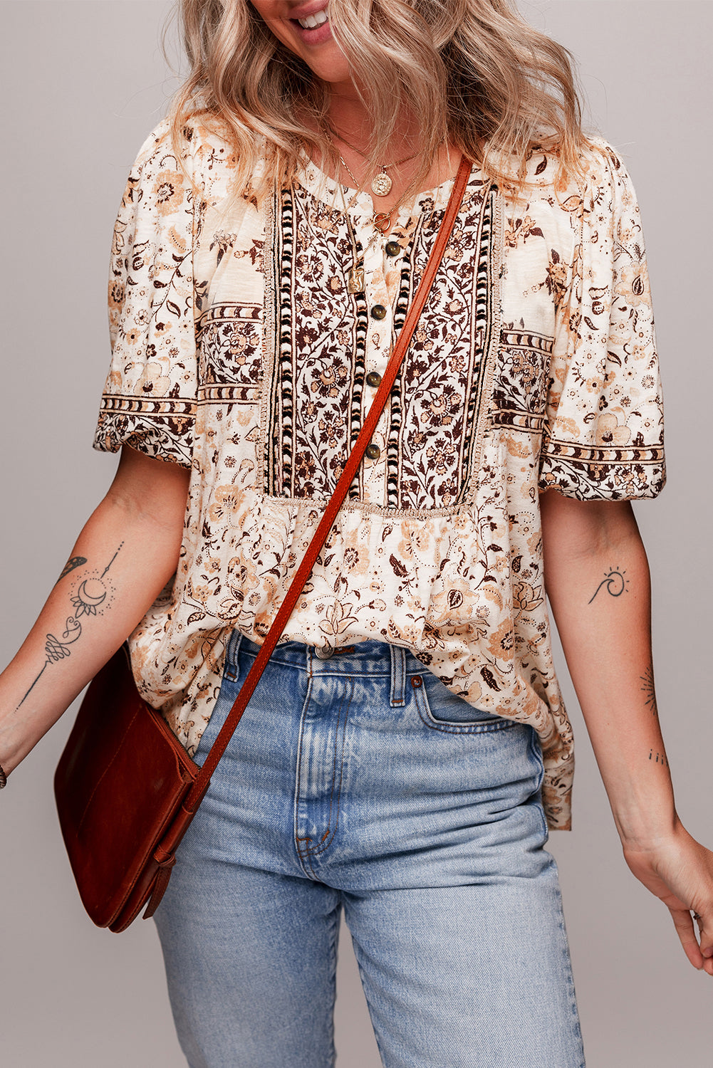Boho Floral Print Half Placket Short Sleeve Loose Blouse