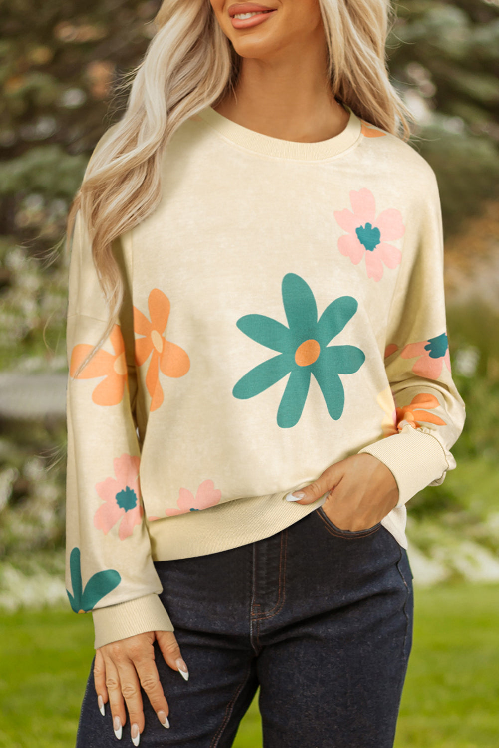 French Mineral Washed Terry Flower Print Sweatshirt