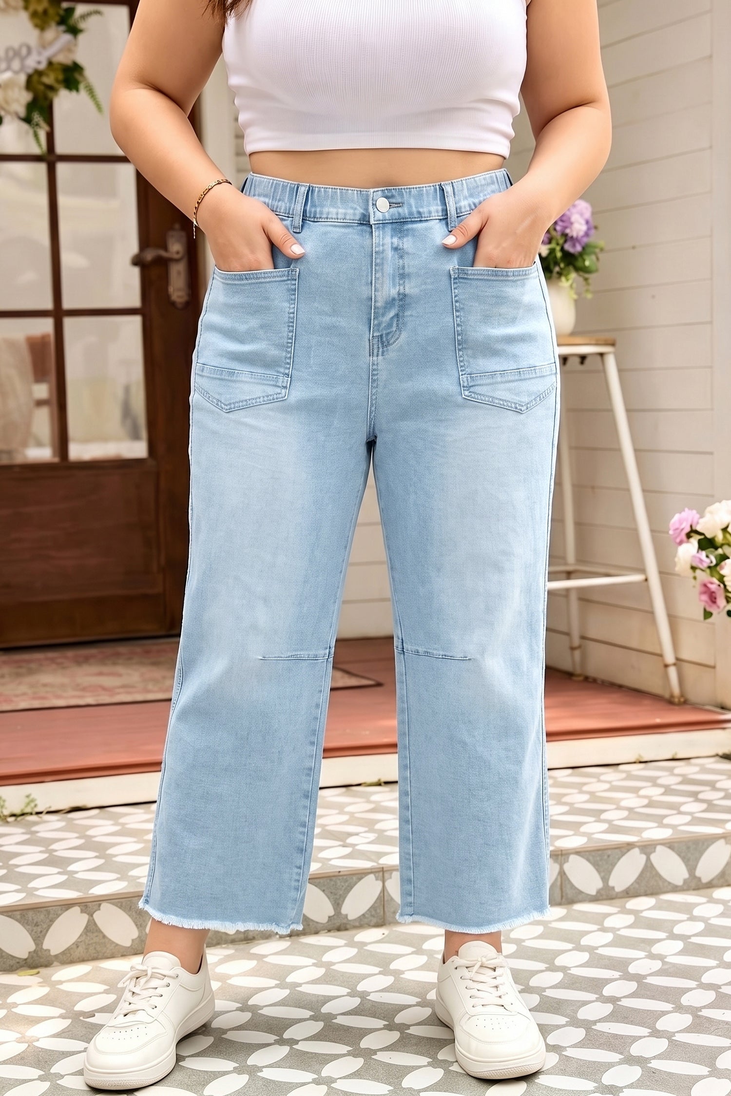 Plus Size Seam Detail Patch Pocket Raw Cut Shift Jeans in Beau Blue