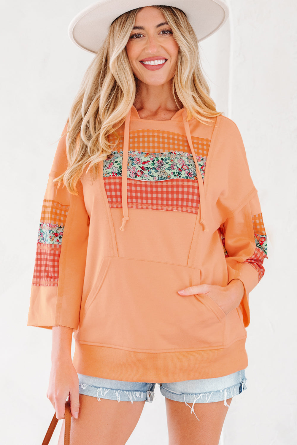 Plaid Floral Patchwork Kangaroo Pocket Hooded Long-Sleeved Top