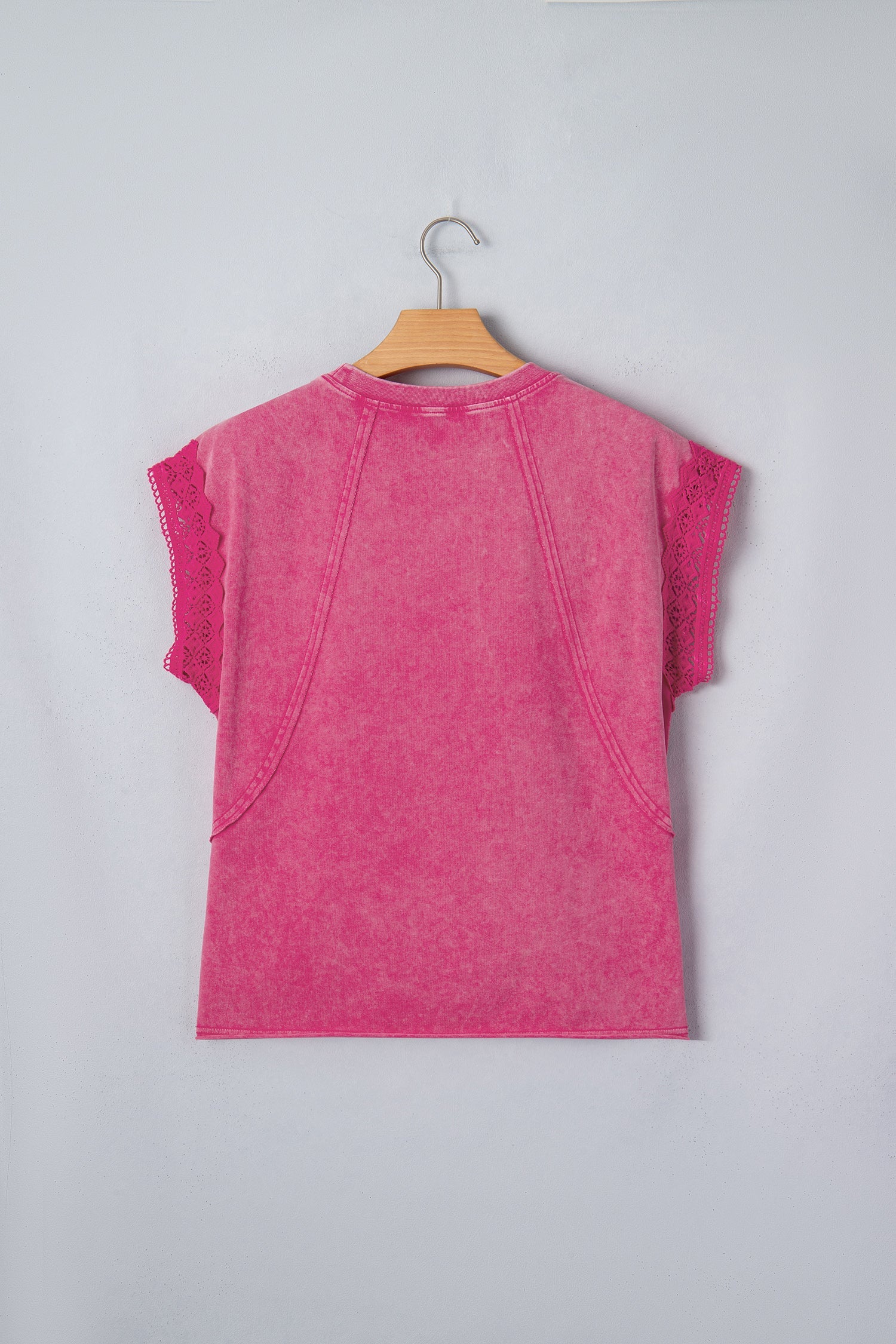Raw Mineral Wash Seam Detail Lace Trim Cap Sleeve Top in Pink