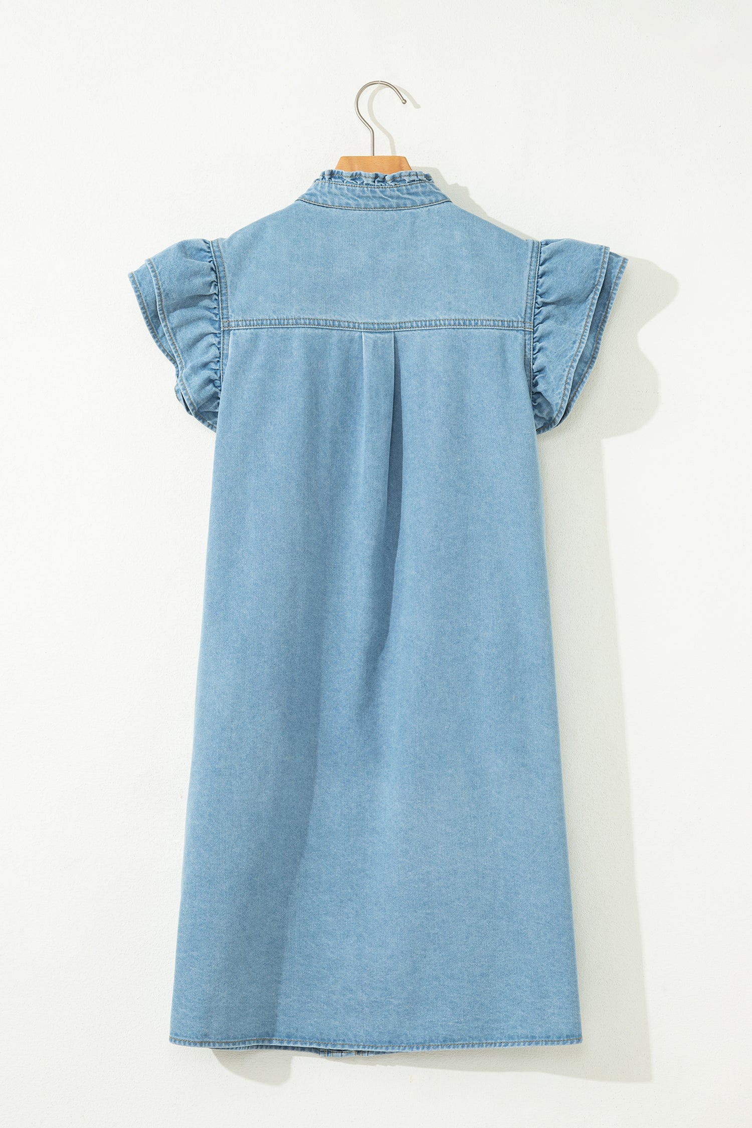 Frilled Down Detail Button Ruffle Short-Sleeved Denim Mini Dress