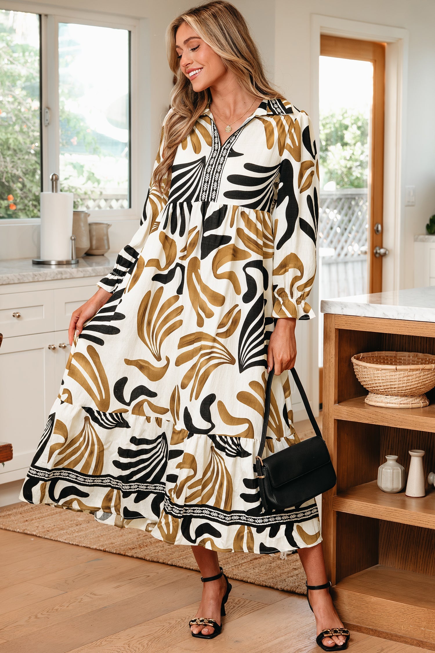 Printed Contrast Tropical Contrast Trim Neck Long-Sleeved Ruffle Hem Dress