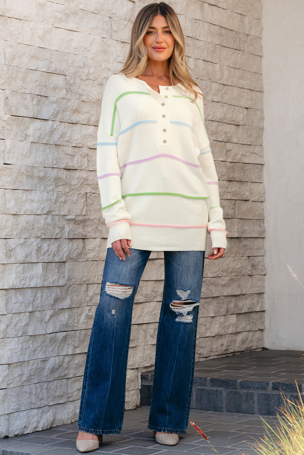 Rainbow Stripes Baggy Henley Sweater