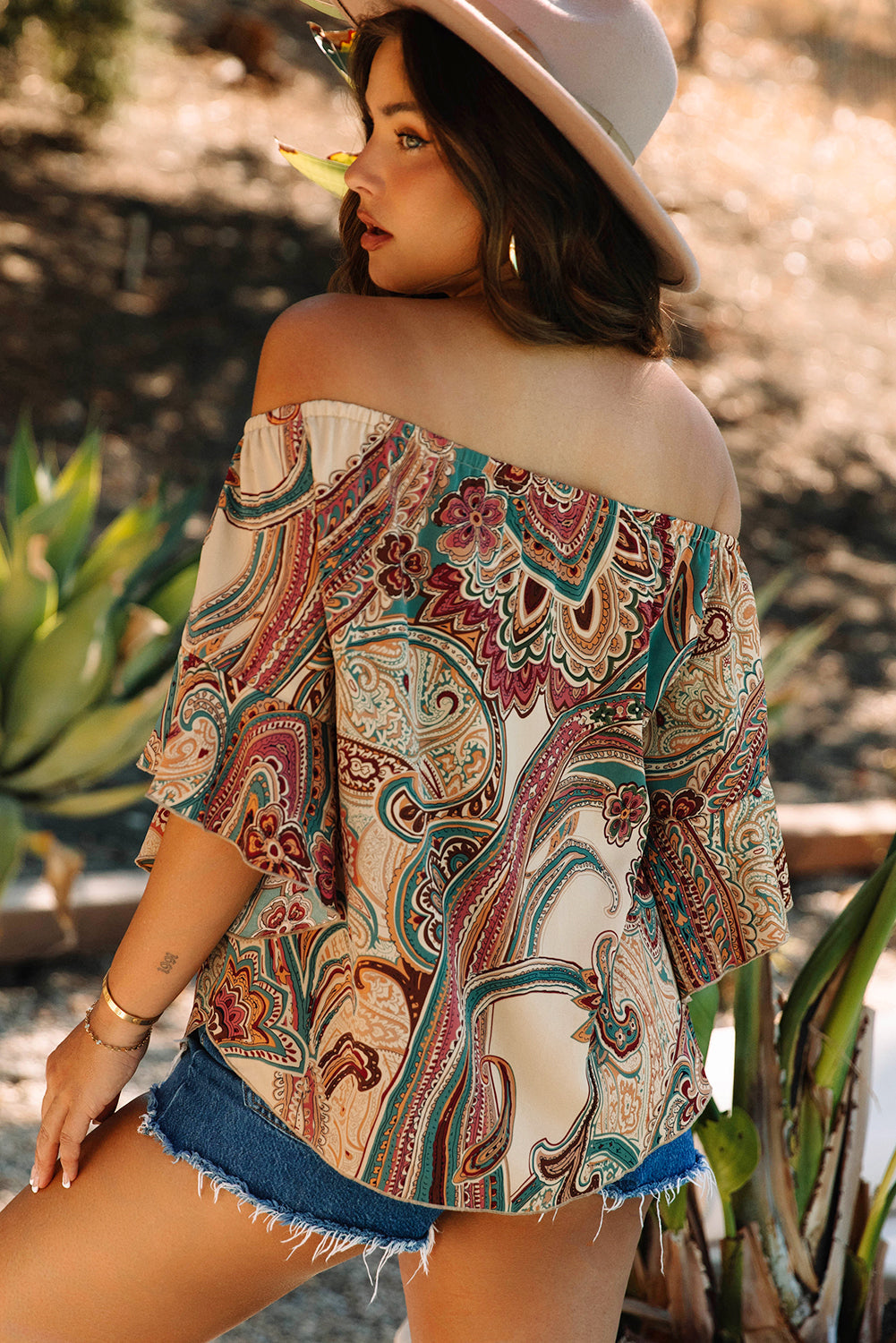 Paisley Printed Shirred Off Shoulder Blouse