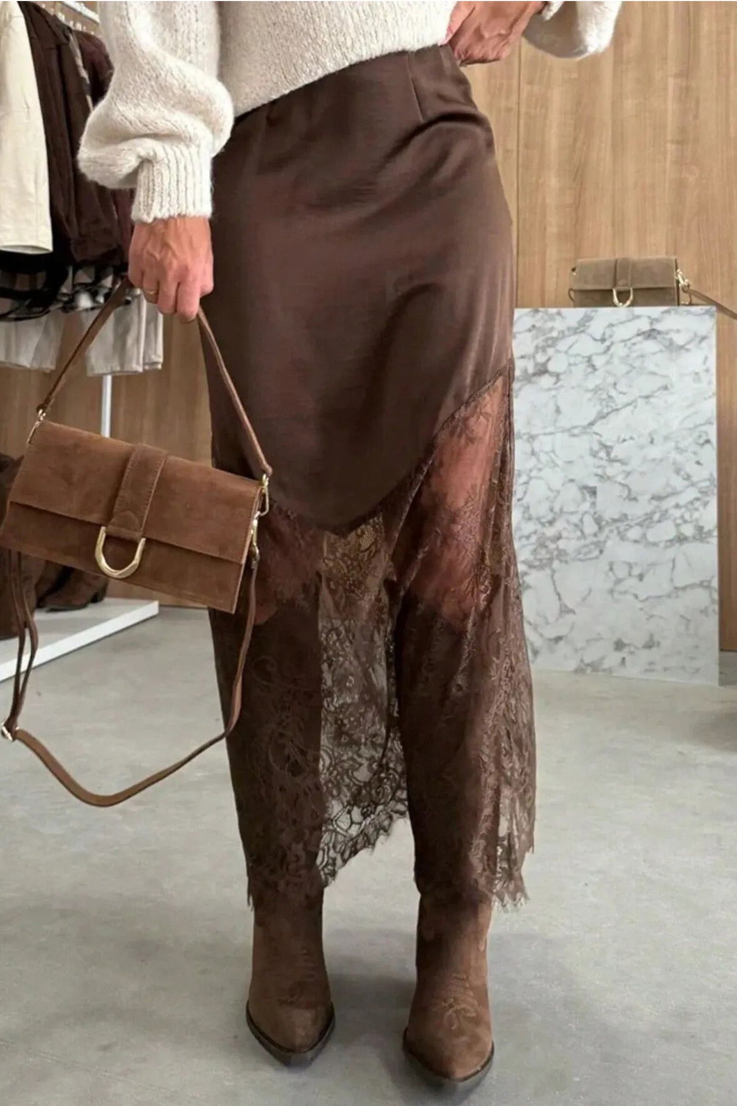 Everyday Lace Dark Brown Patchwork Hem Shift Long Skirt