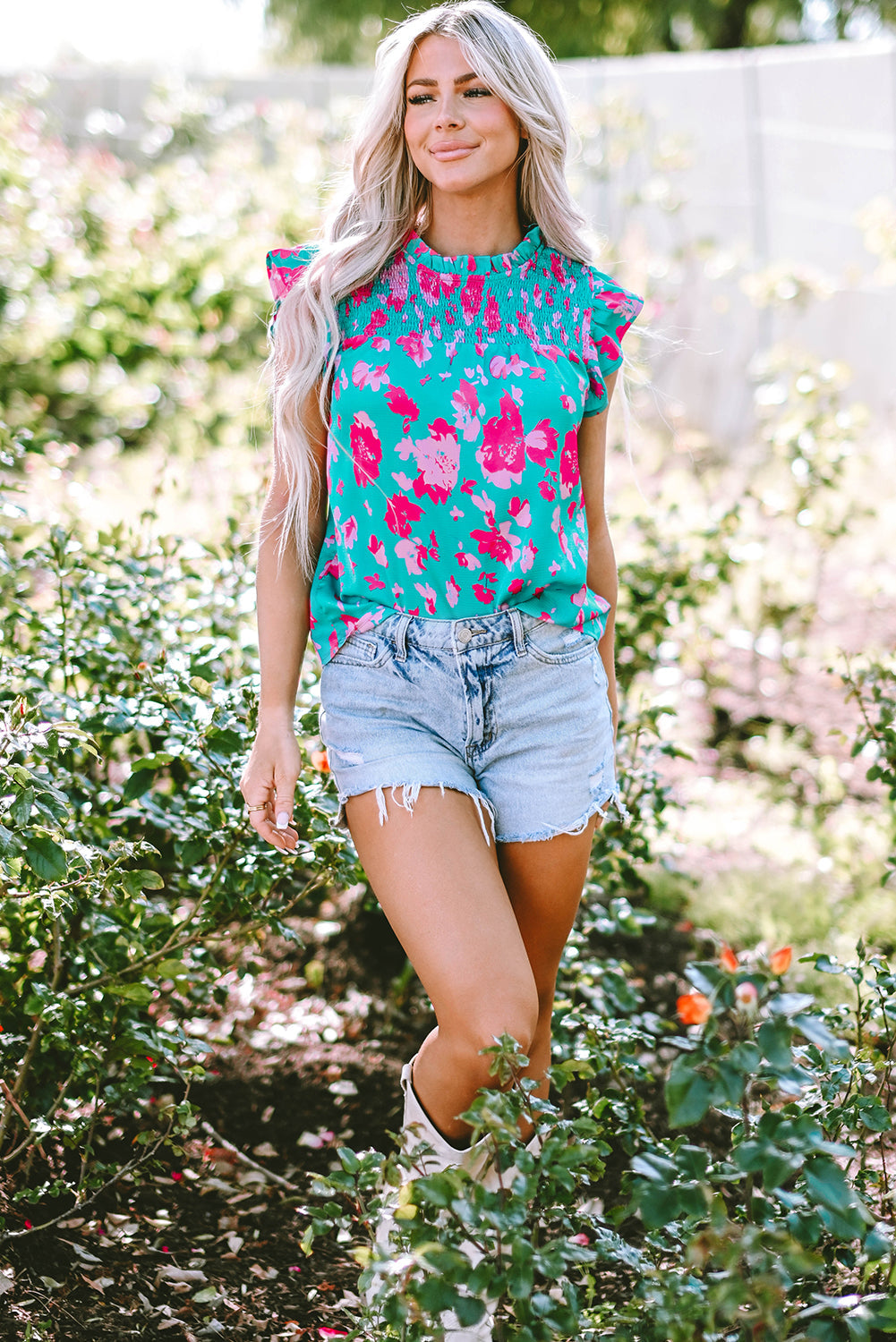 Women's Blouse Featuring Floral-Print Ruffle-Trimmed Flutter Sleeve Ruched