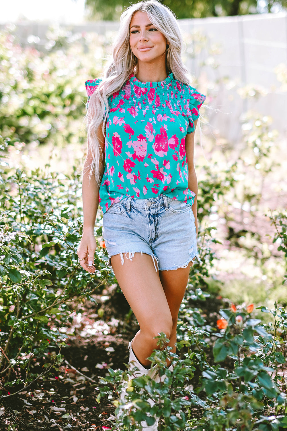 Blouse Froncée À Manches Flottantes Et À Volants Floraux