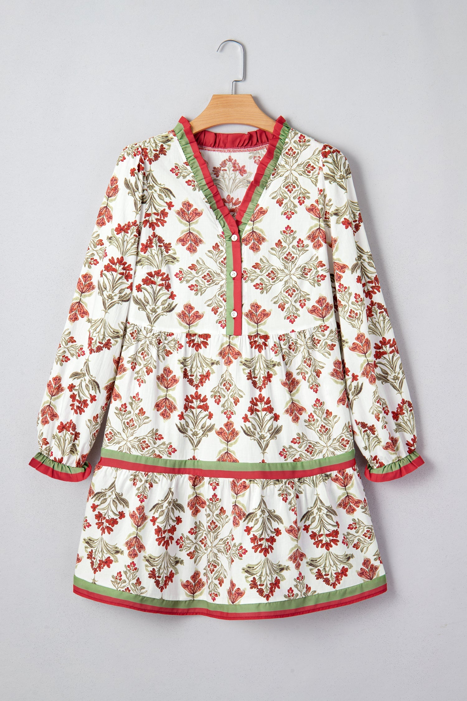 Trim Floral-Print Contrast Frilled Neck Long-Sleeved Flared Dress