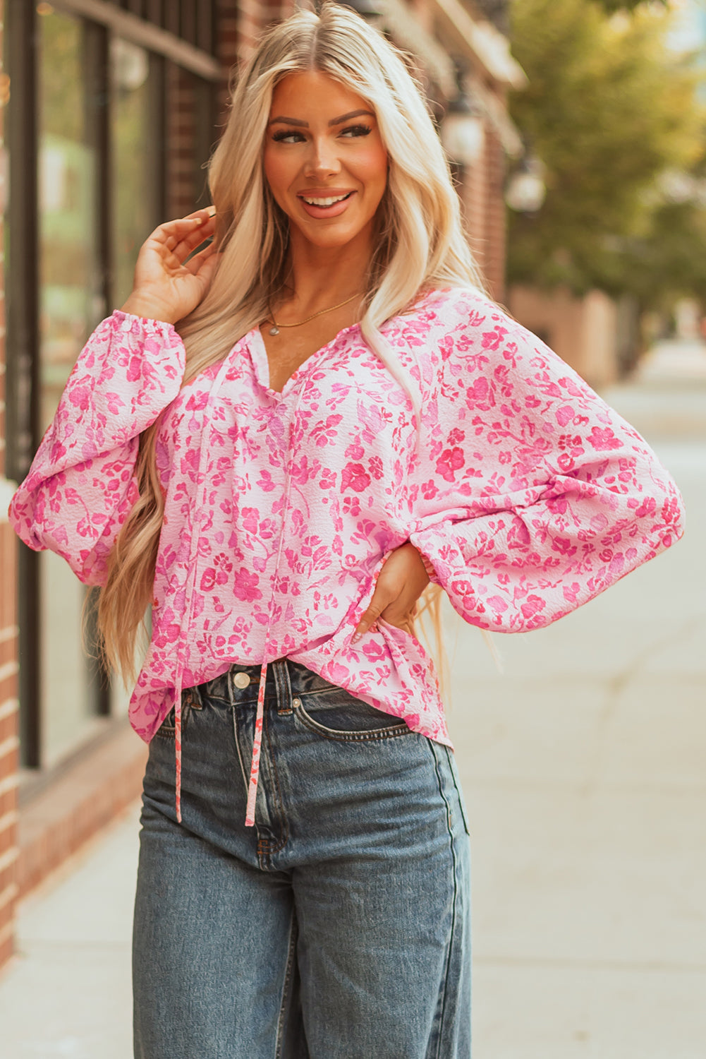 Sleeve Floral Puff Split Neck Lightweight Blouse