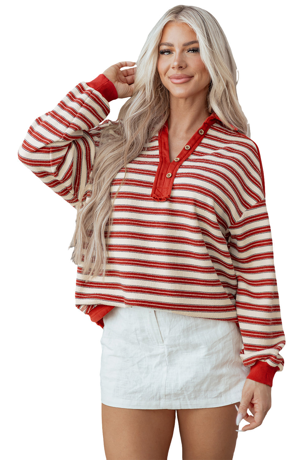 Button-Front V-Neck Collared Drop-Shoulder Top
