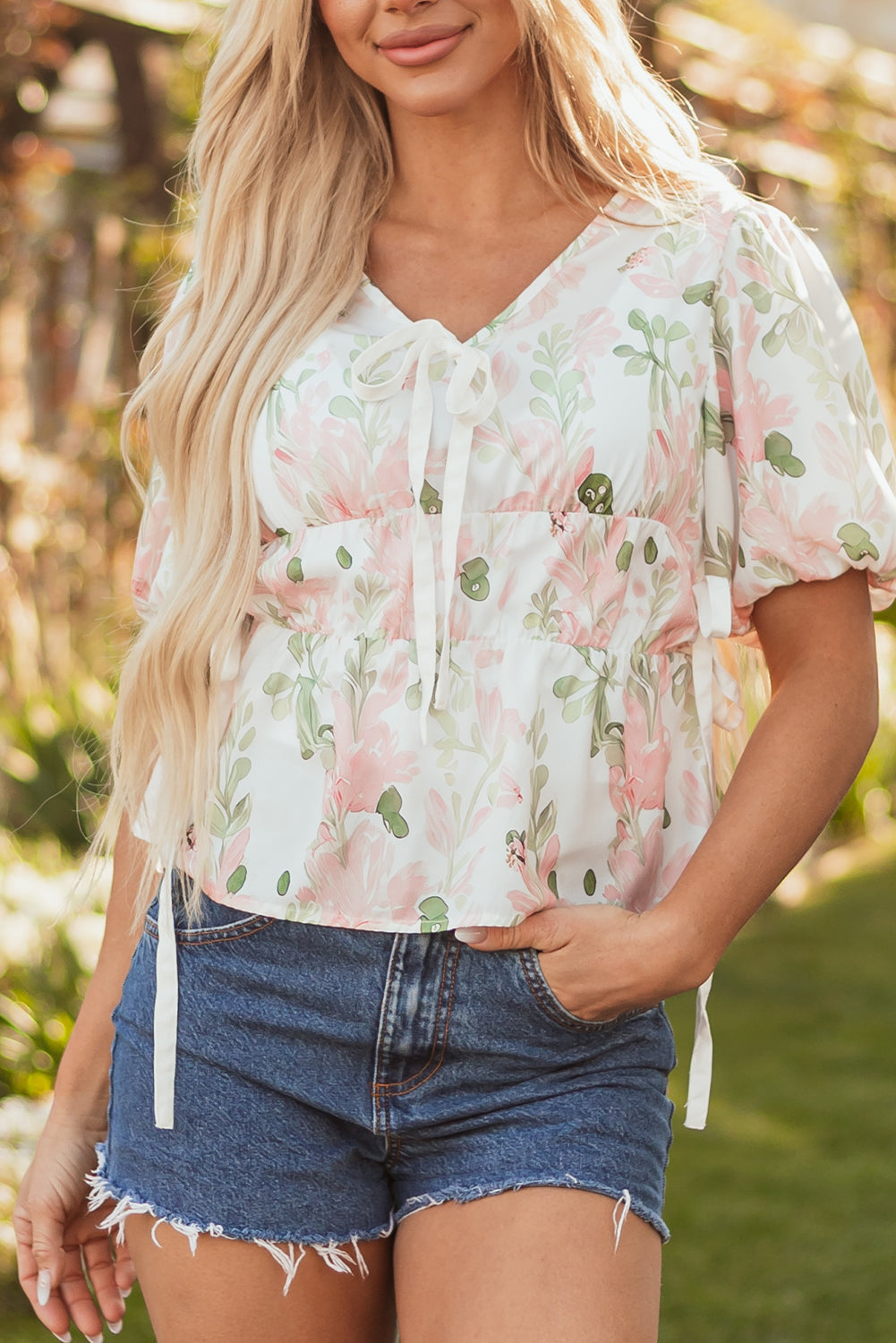 Floral V-Neck Puff Sleeve Tied Front Peplum Blouse