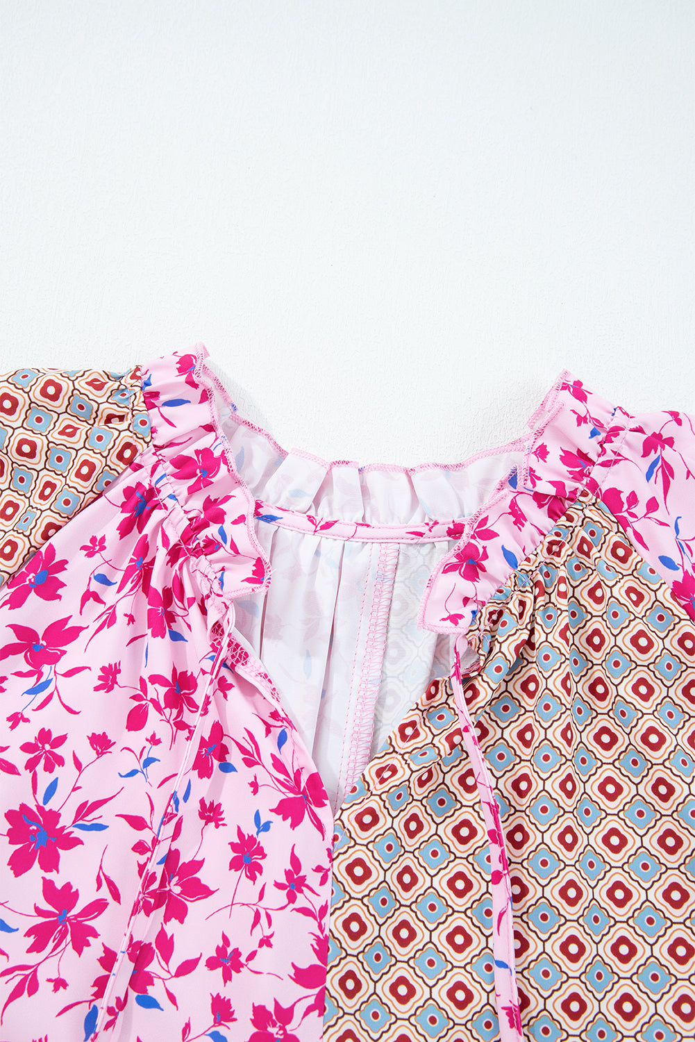 Boho Drop-Shoulder Mixed Floral Bubble Sleeve Blouse