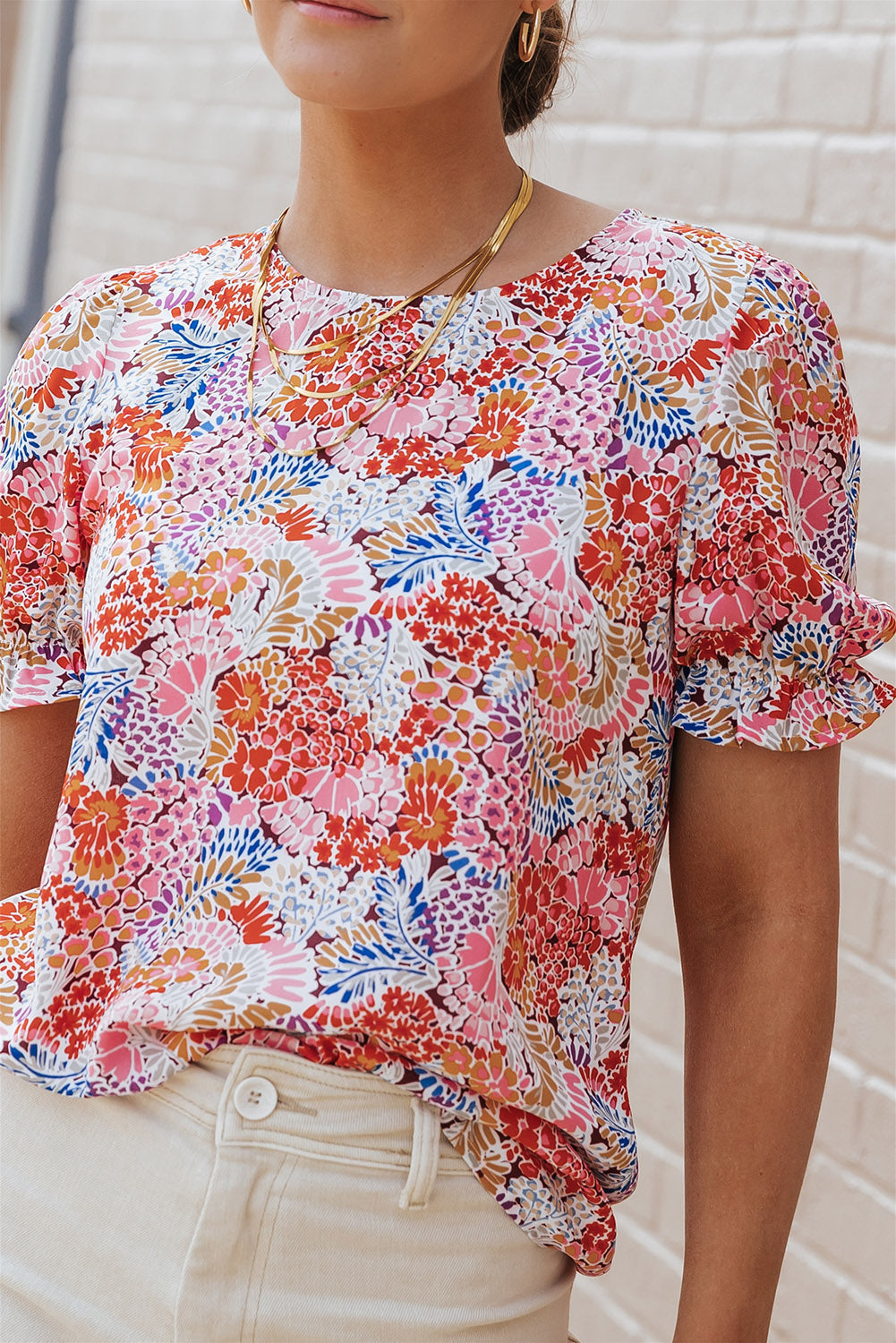 Blouse for Women Pattern Bubble Sleeve Mix Floral-Print