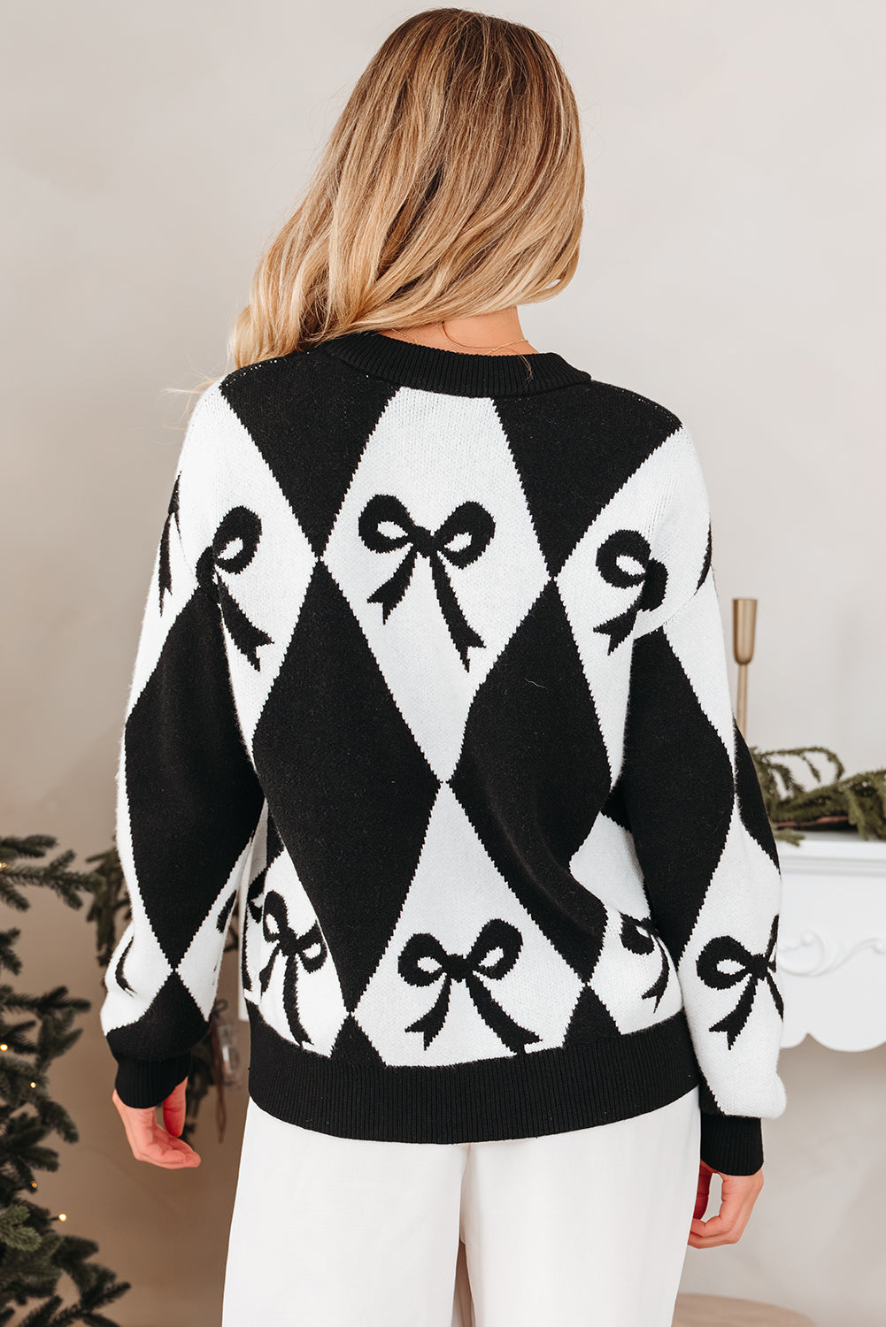 Bow Print 2-tone Rhombus Knit Loose Knit Top