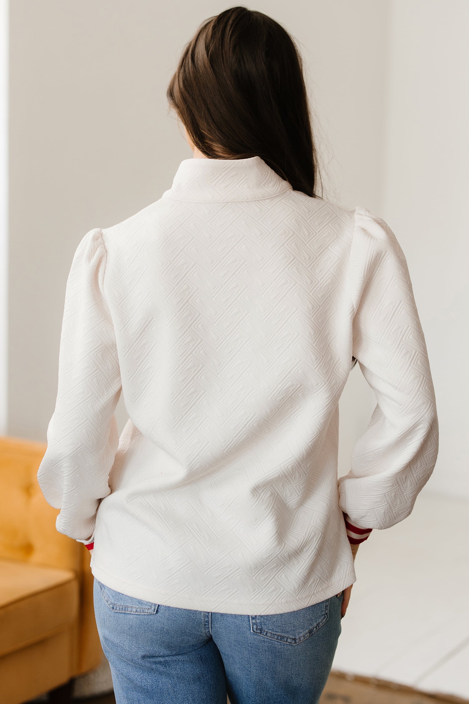 Contrast Textured Knit Striped Accent Zip Collar Pullover Top
