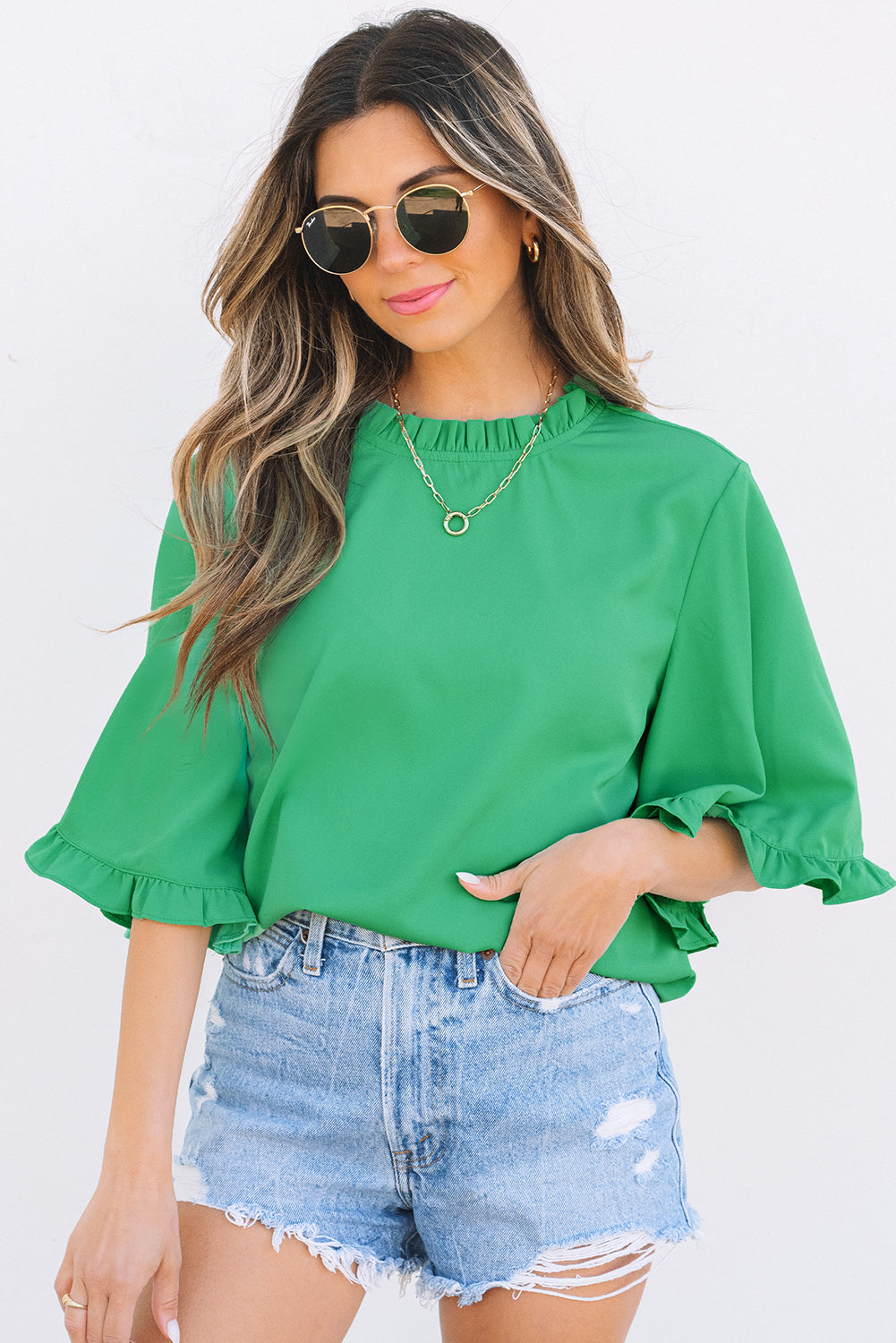 Wide Frilly Round-Neck Half Sleeve Blouse