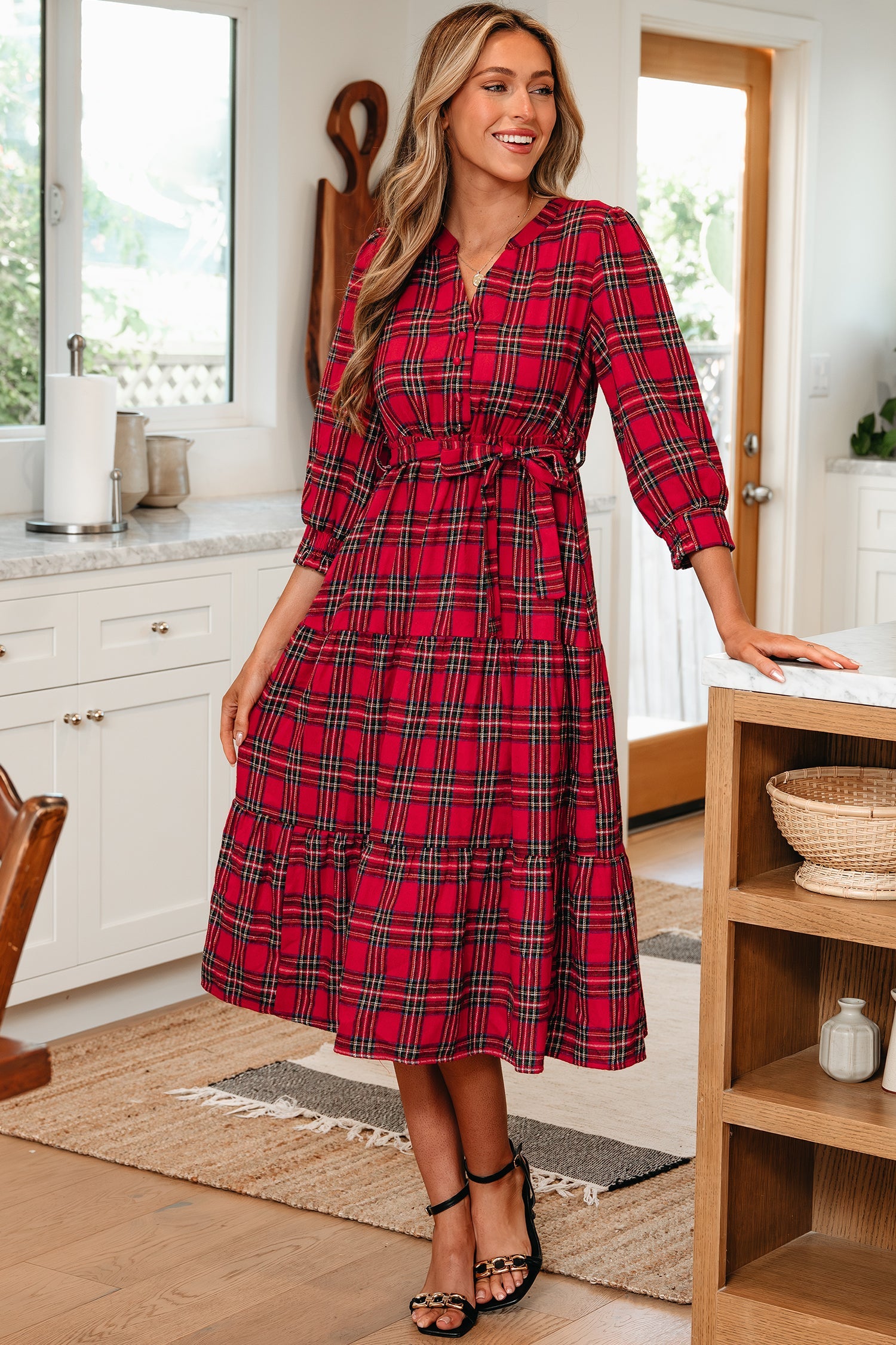 Christmas Plaid V-Neck 3/4 Sleeve Tie Waist Ruffle Hem Long Dress