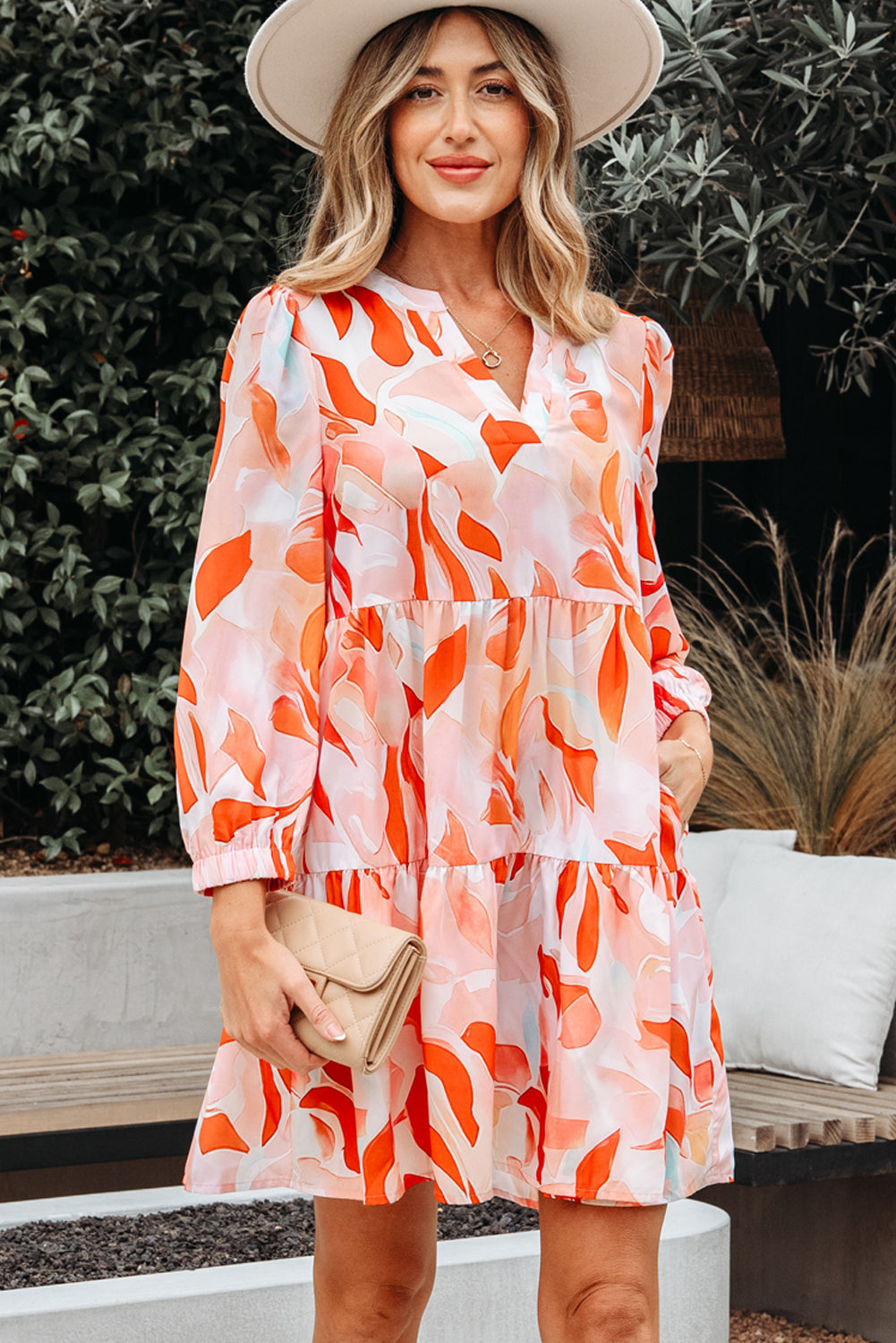 Abstract Print Split Neck Long-Sleeved Dress