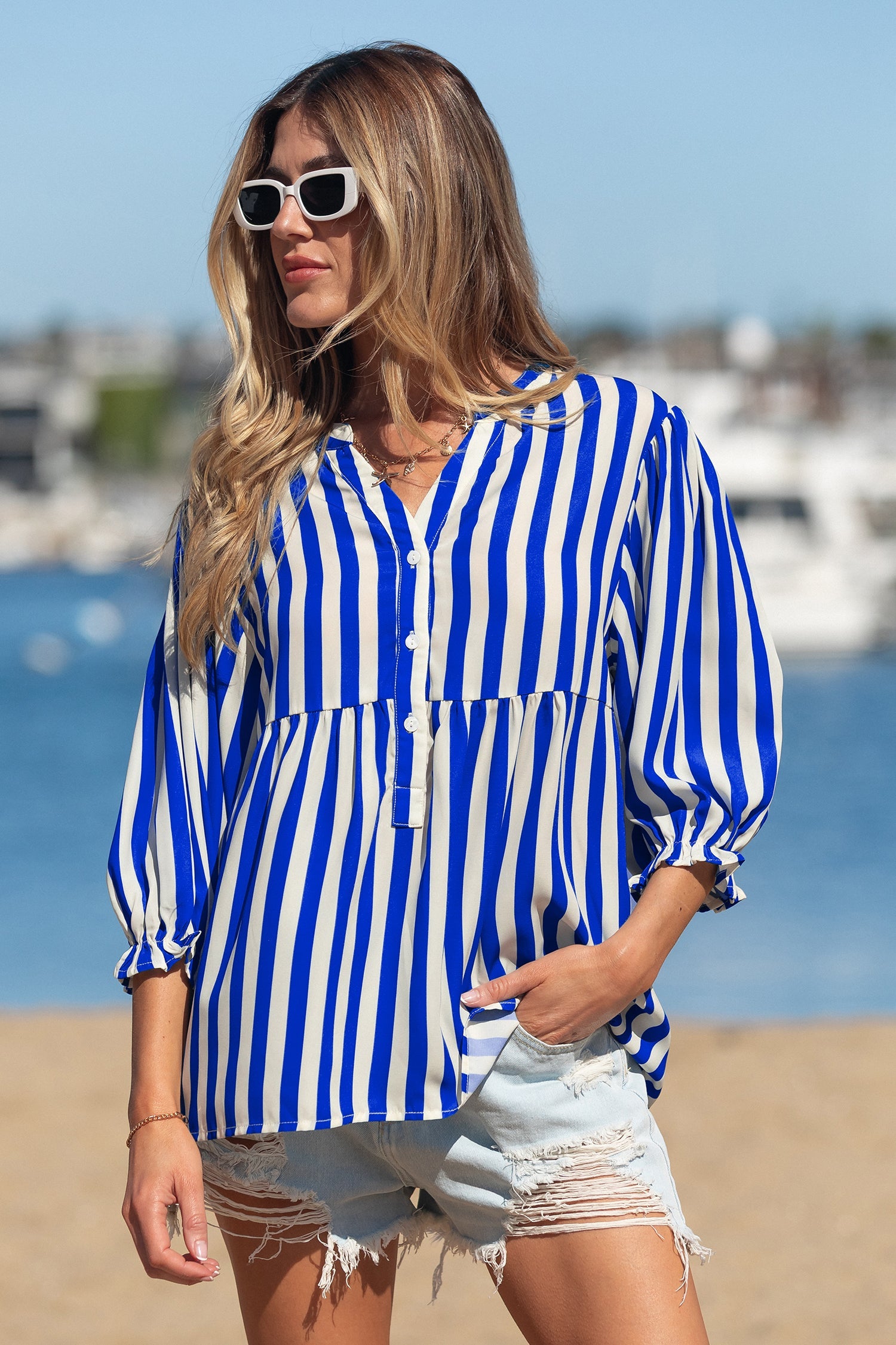 Balloon Sleeve Loose Button-Front Shirt