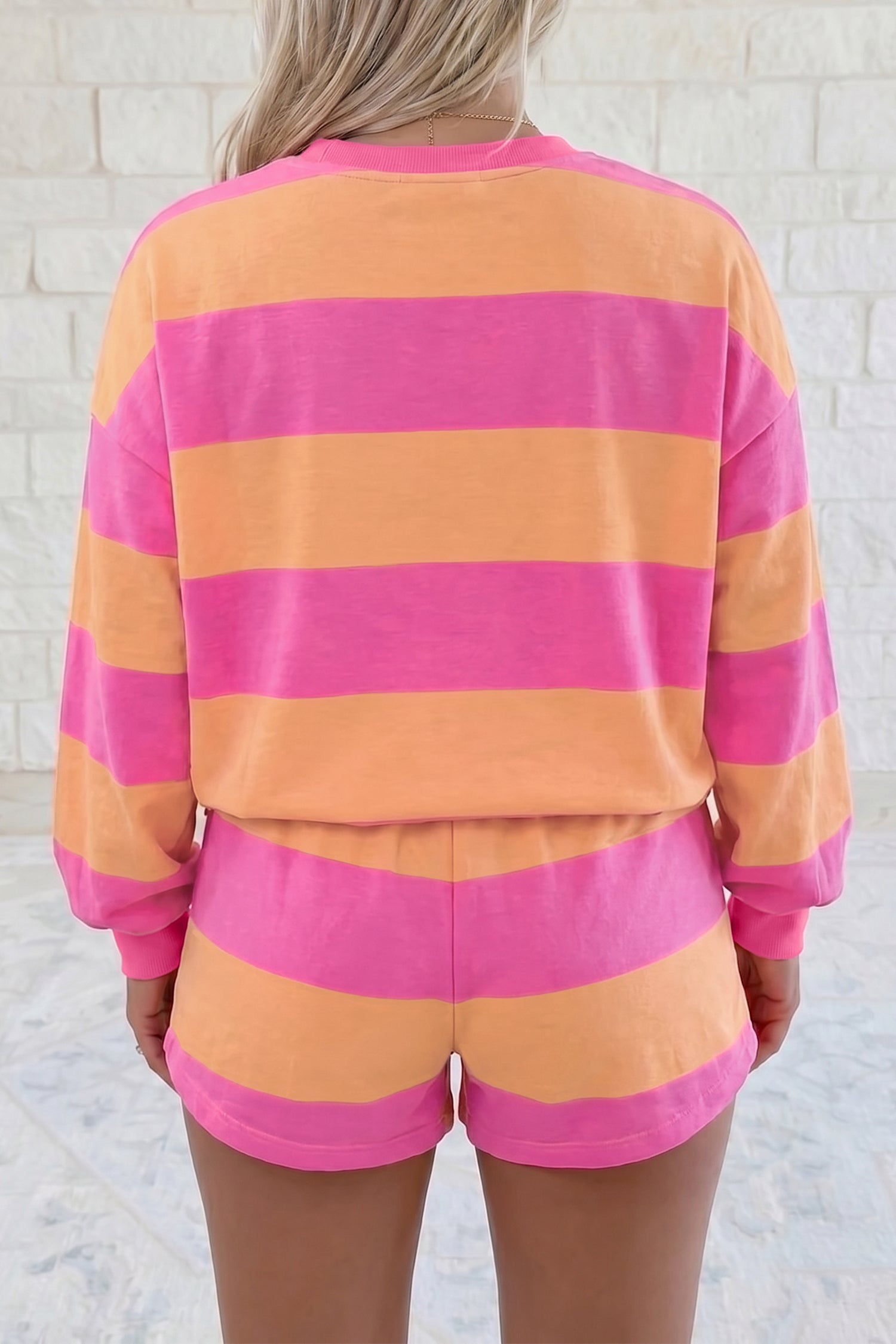 Stripe Top Long-Sleeved Everyday Drawcord Shorts 2-Piece Outfit in Pink