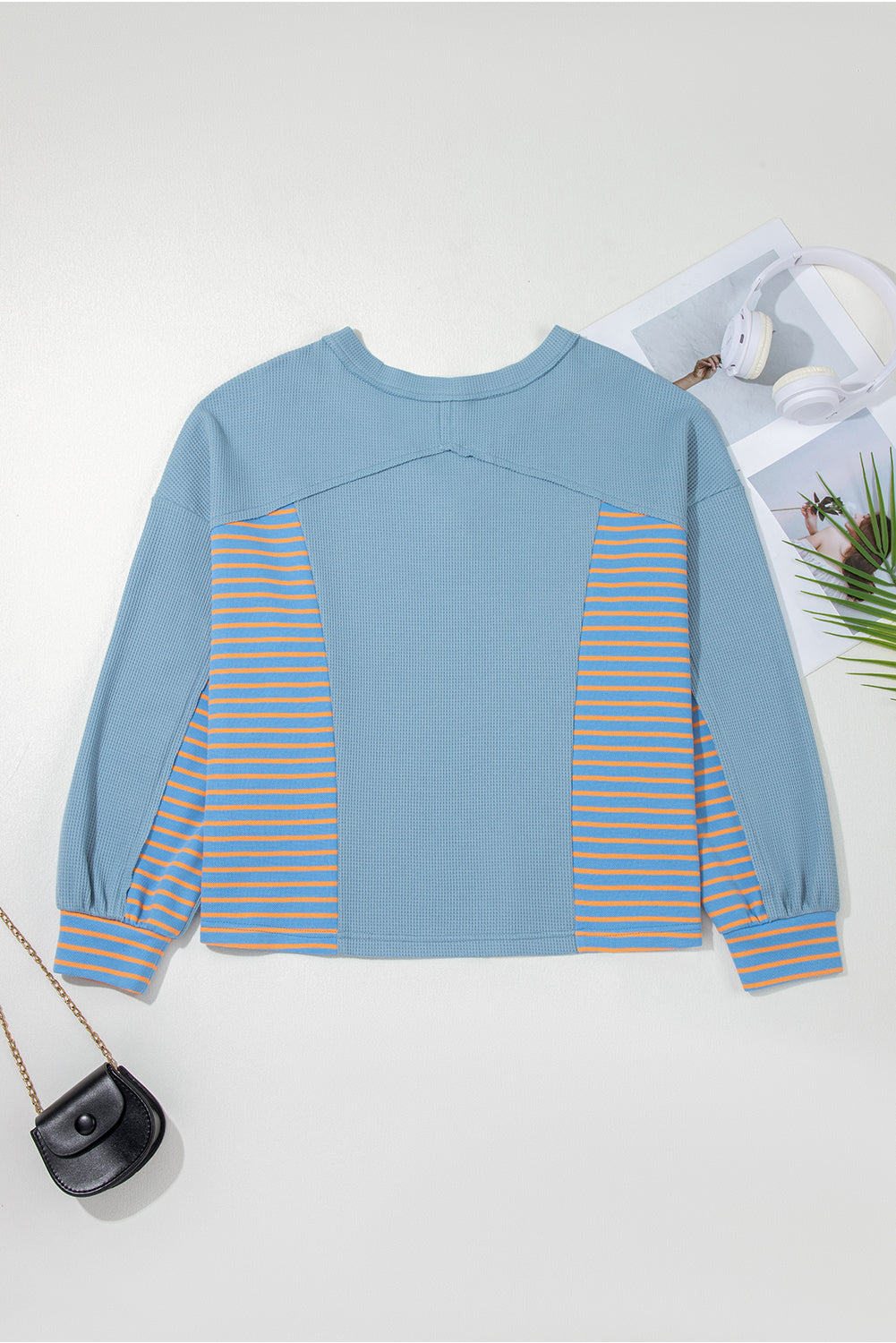Seam Waffle Exposed Waffle Striped Patchwork Baggy Pullover in Blue