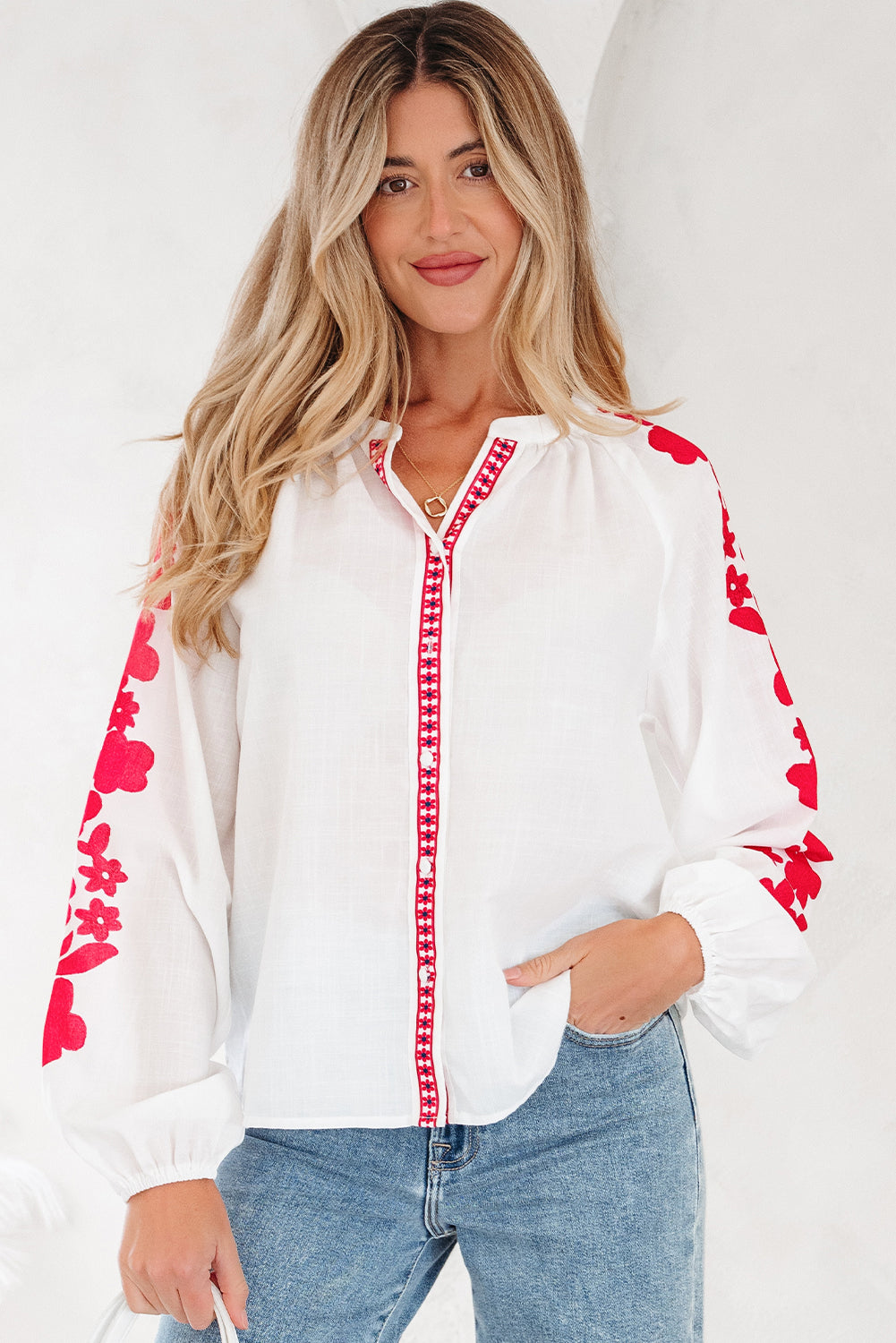 Floral Long-Sleeved Embroidered Puff Everyday Shirt