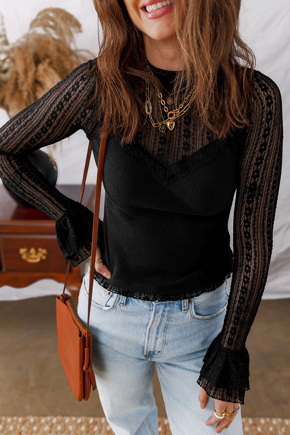 Flounce Lace Patchwork Sleeve Slim Fit Top in Black