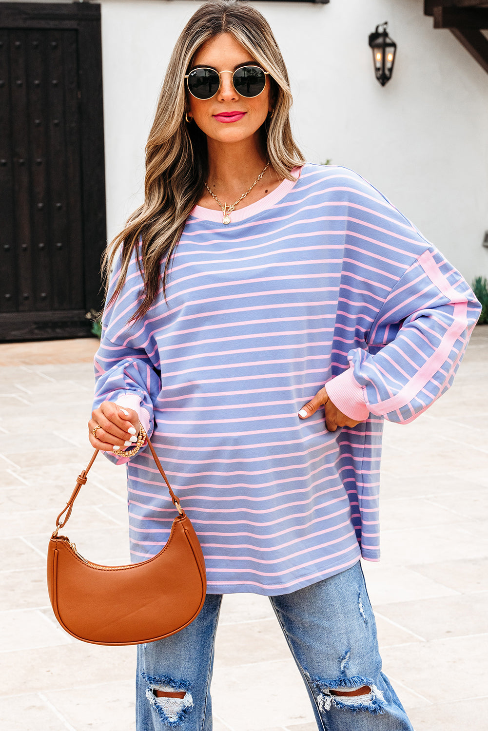 Stripe Trim Oversize Contrast Cotton Everyday Top in Sky Blue