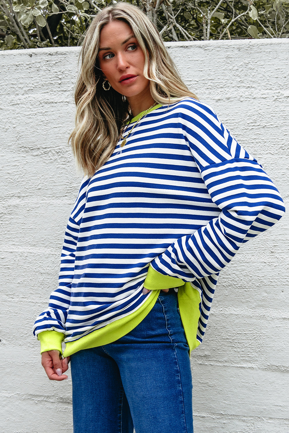 Striped Contrast Rib-Knit Trim Crossed Stitch Drop-Shoulder Sweatshirt Style
