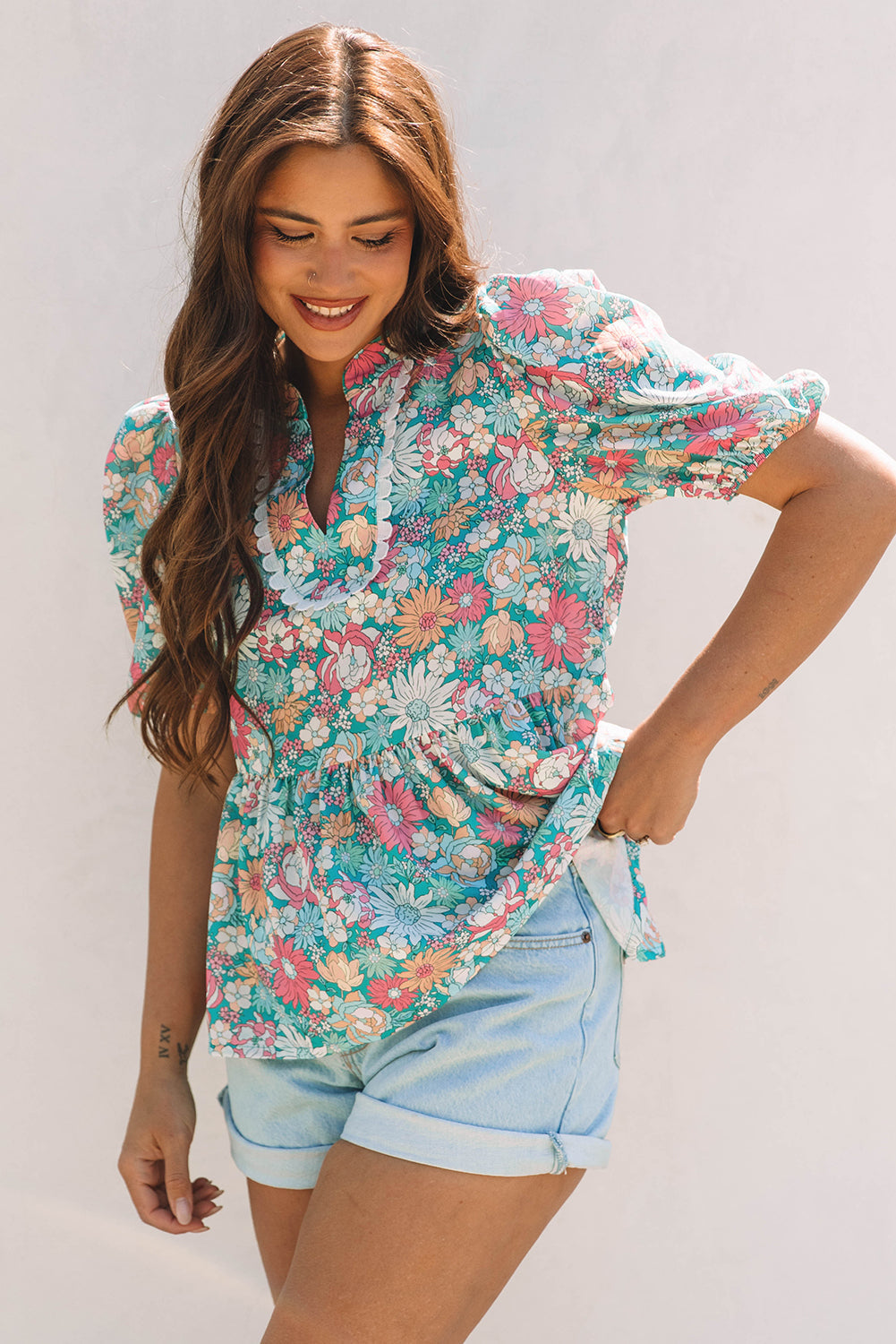 Notched Neck Puff Short Sleeve Floral Blouse