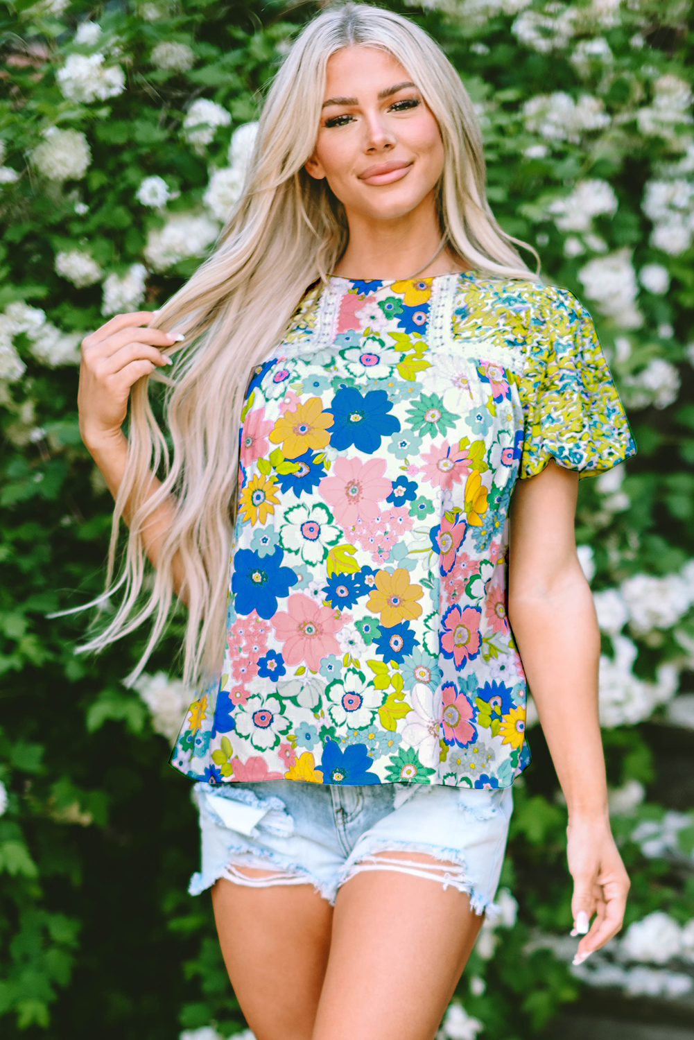 Blouse À Imprimé Floral Mélangé Et Bordure En Dentelle À Manches Bulles