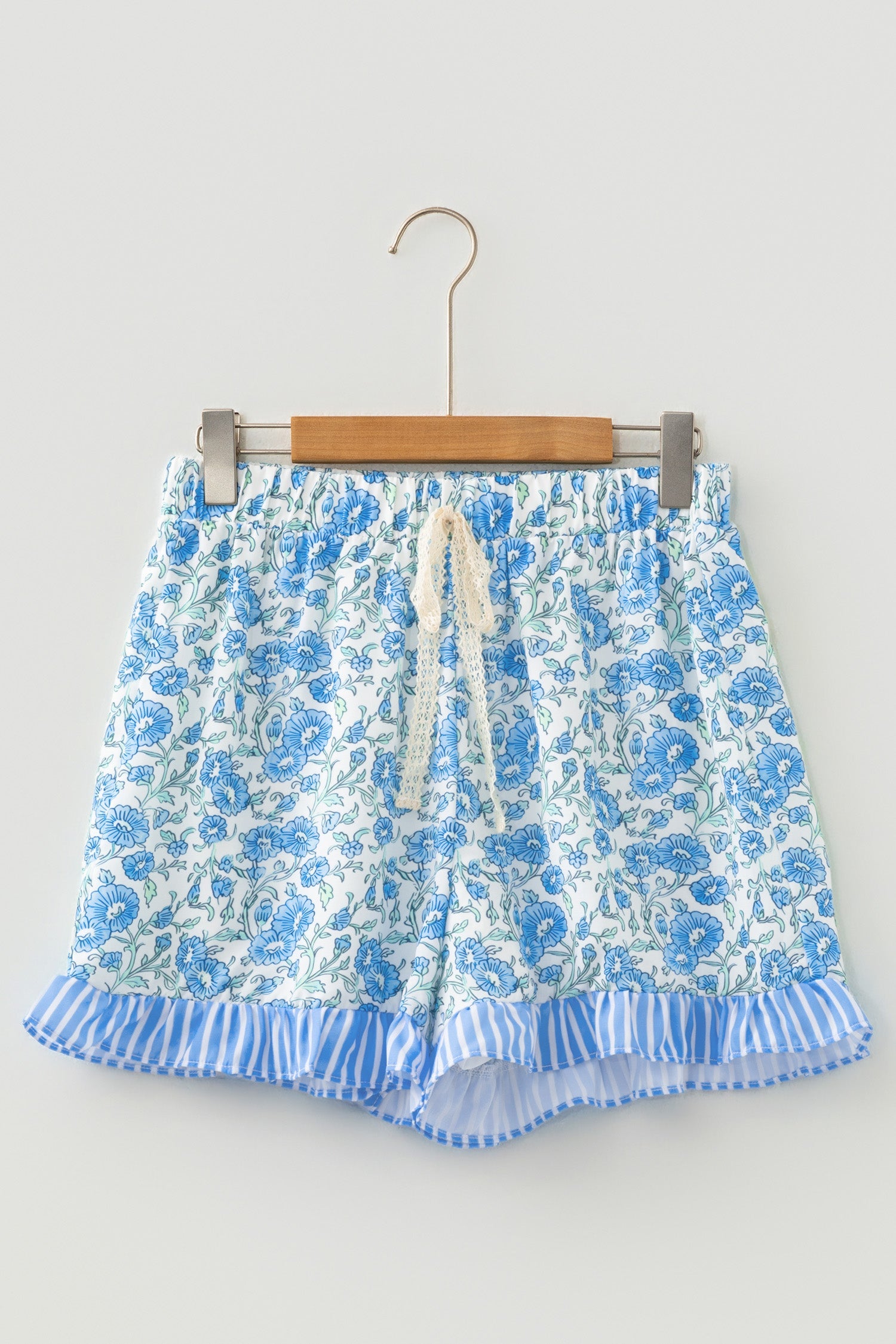 Floral Striped Summer Striped Ruffle Hem Lace Tie Shorts in Sky Blue