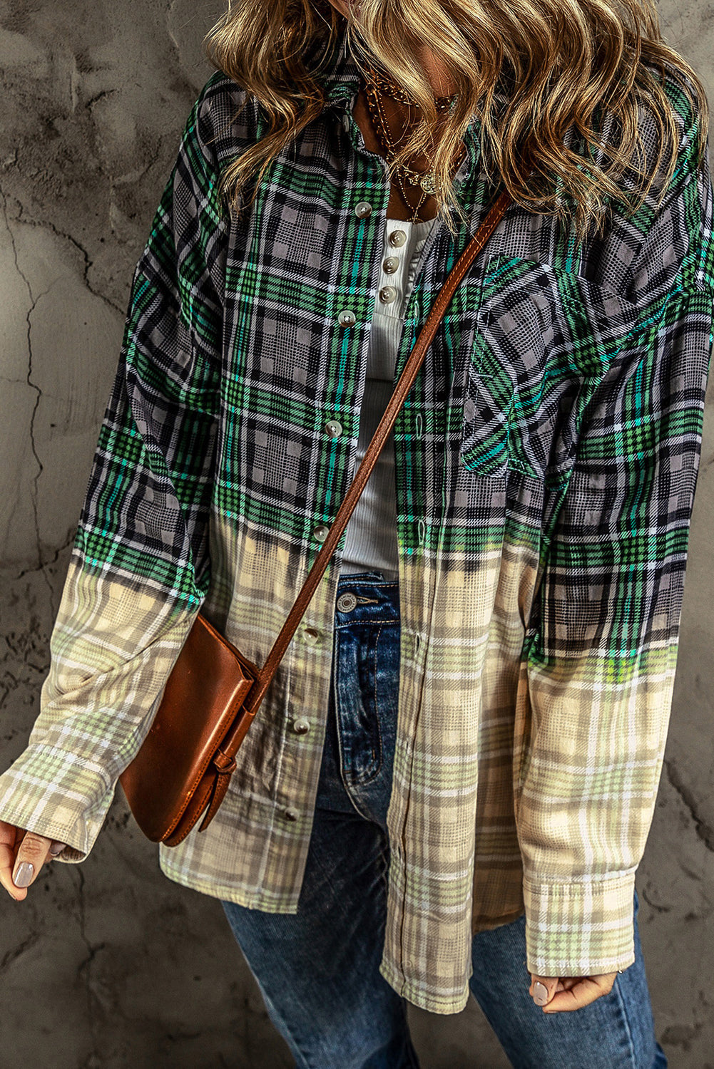 Veste boutonnée avec poche poitrine et patchwork à carreaux contrastés