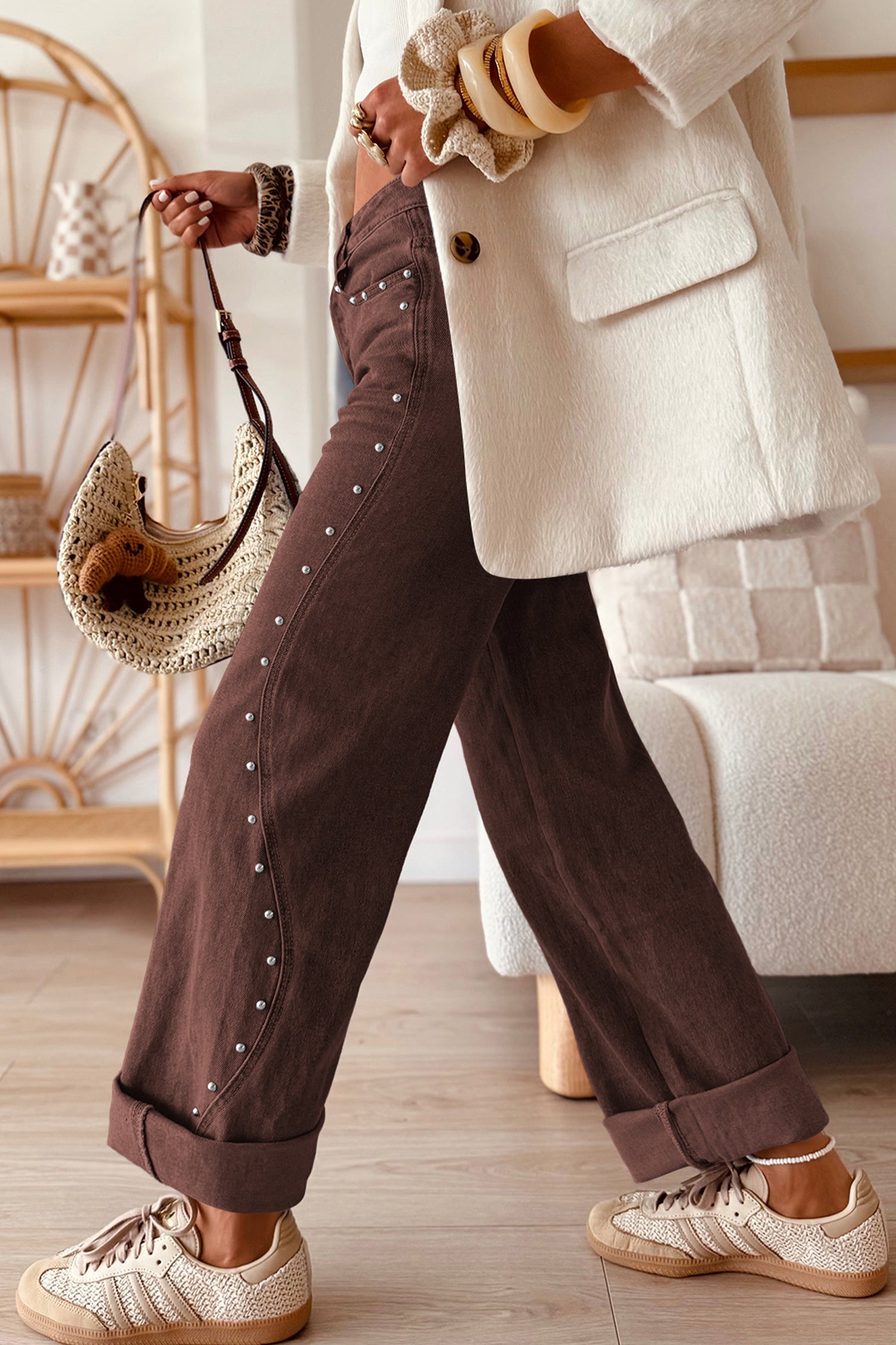 Seam Coffee Side Rivet Detail Ankle Length Everyday Jeans