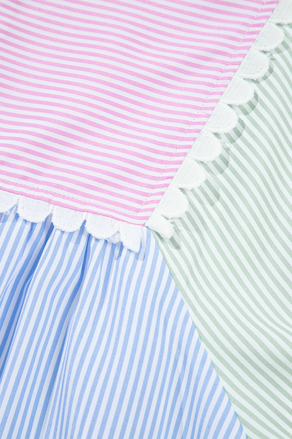 Striped Patchwork Ric Rac Puff Sleeve Collared Mini Dress