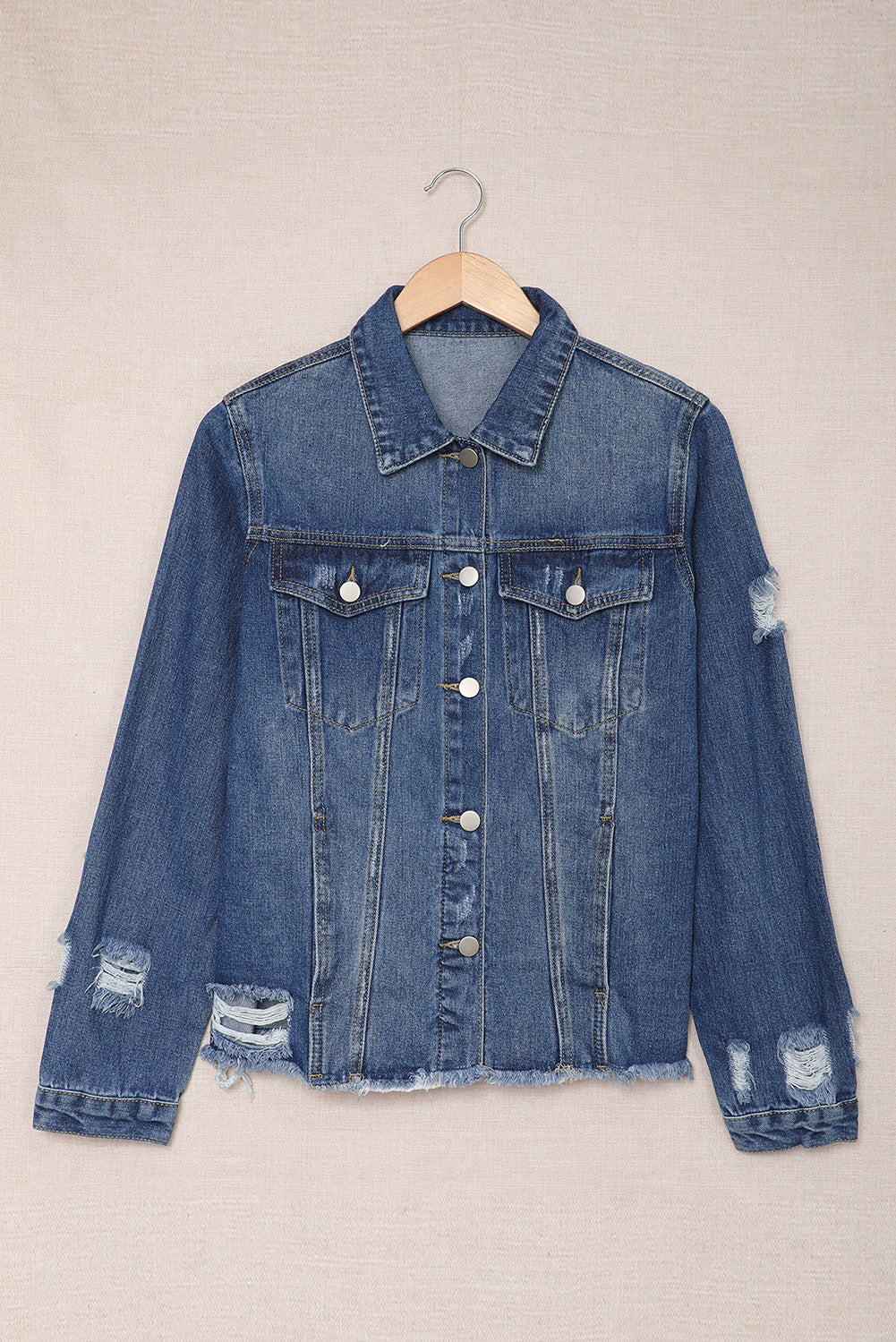 Women's Denim Jacket with Lapel Distressed Raw