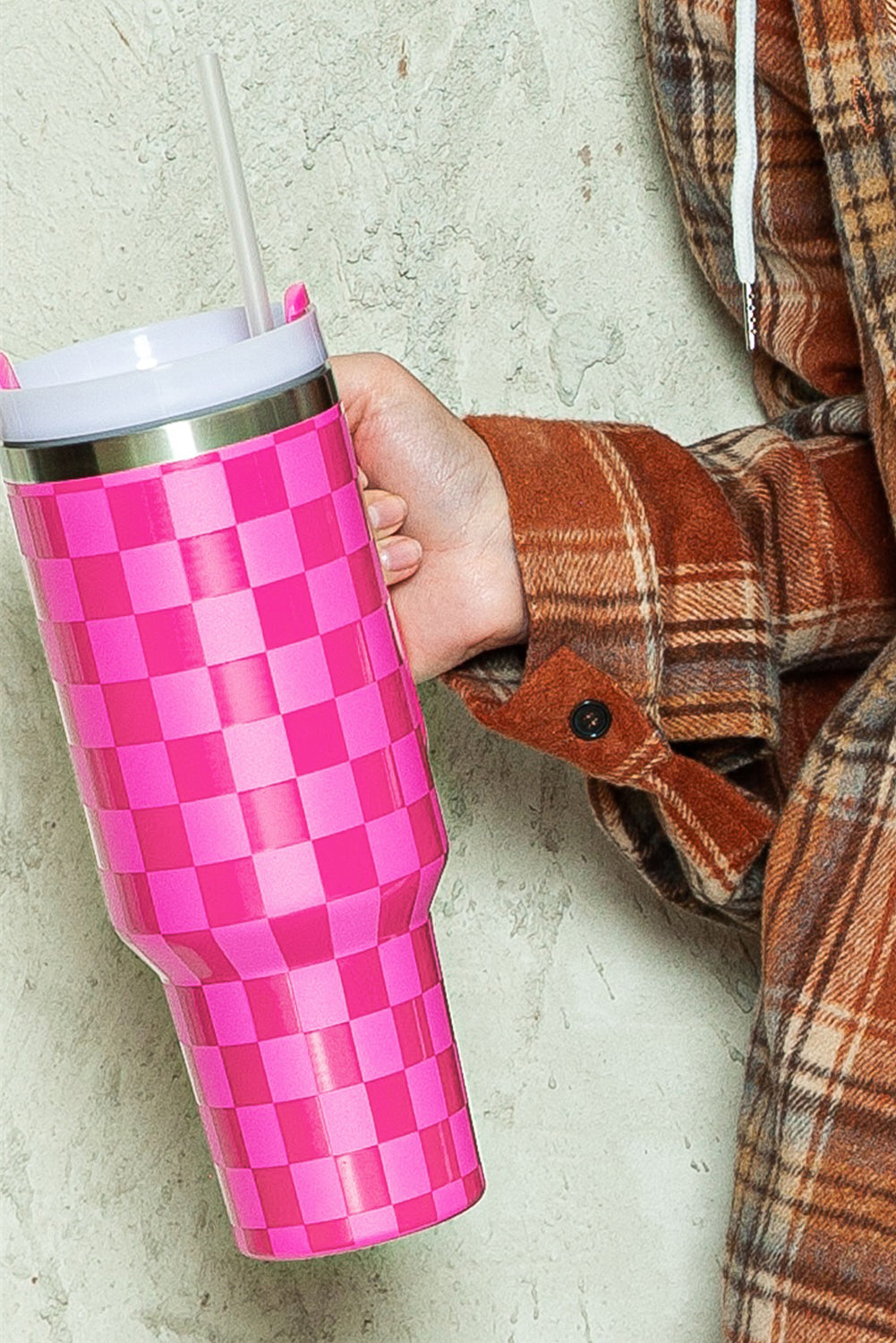 Handled Checkered Print Stainless Steel Tumbler Cup 40oz