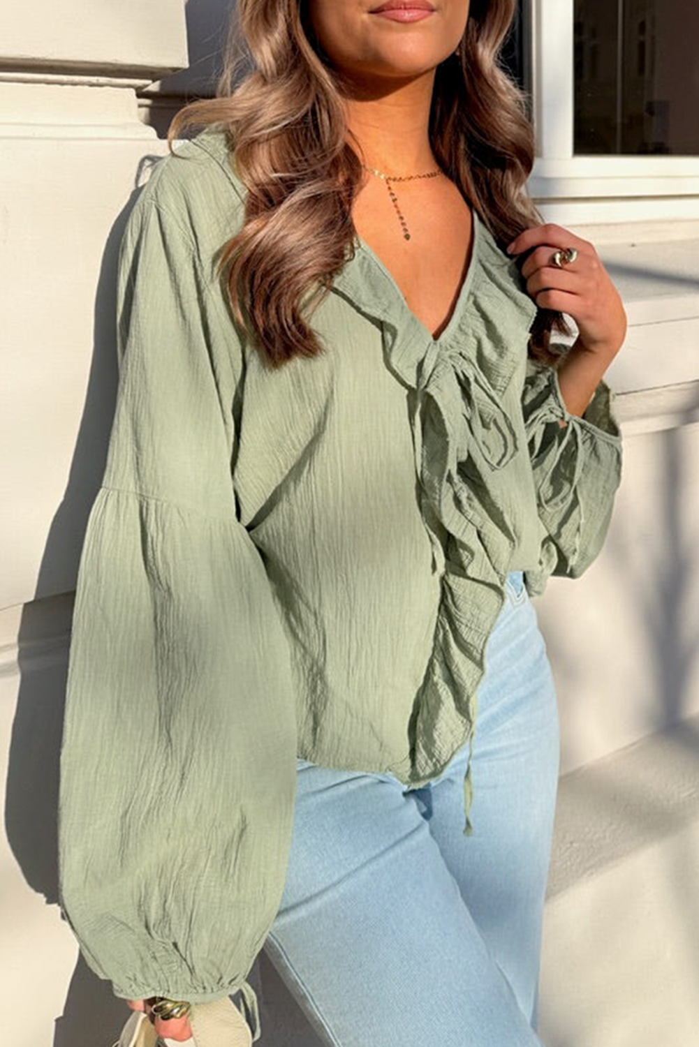 Bow Ruffle Tie Front Trim V-Neck Long-Sleeved Gauze Blouse