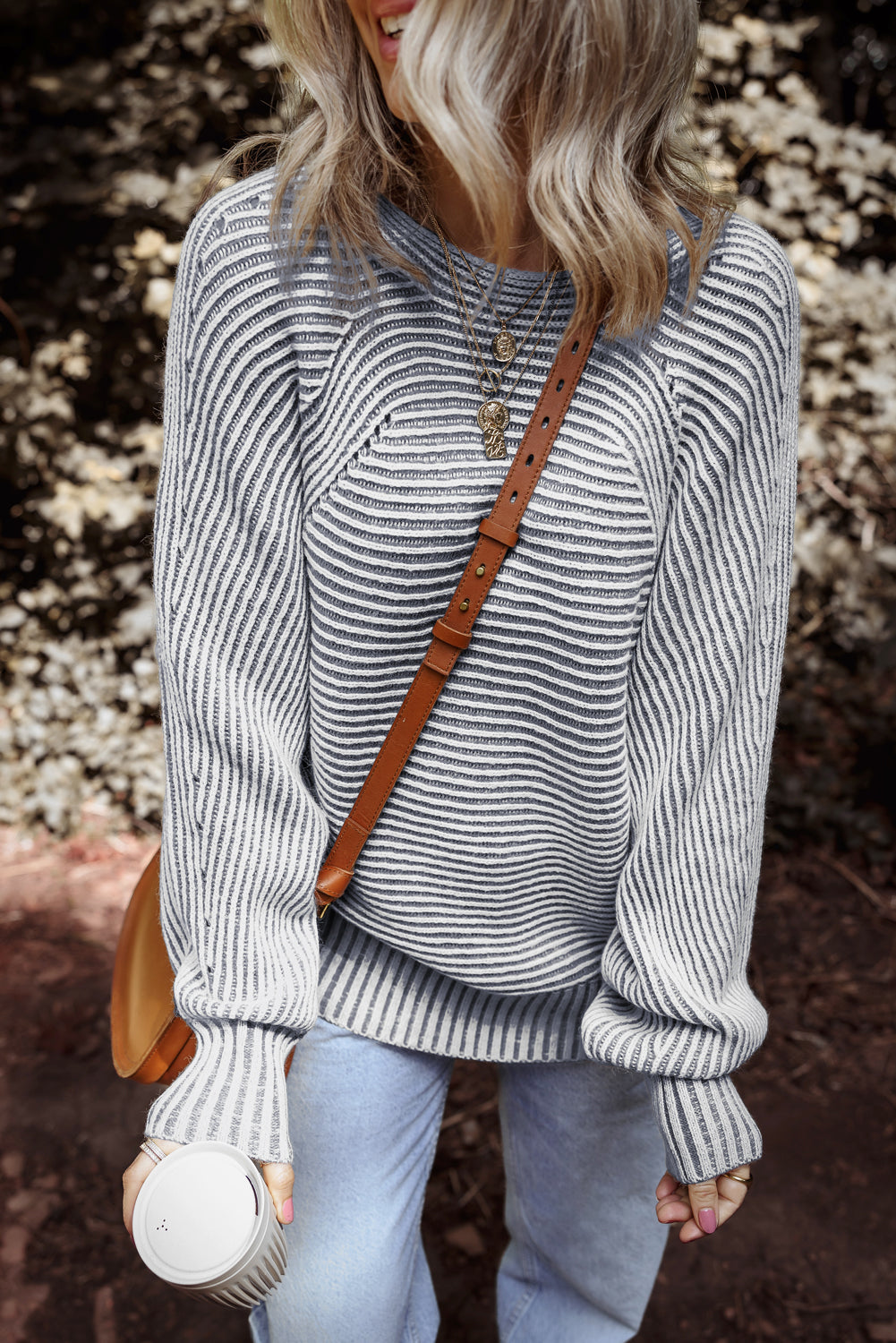 Print Rib-Knit Striped Rib-Knit Knit Boat Neck Baggy Knit Top