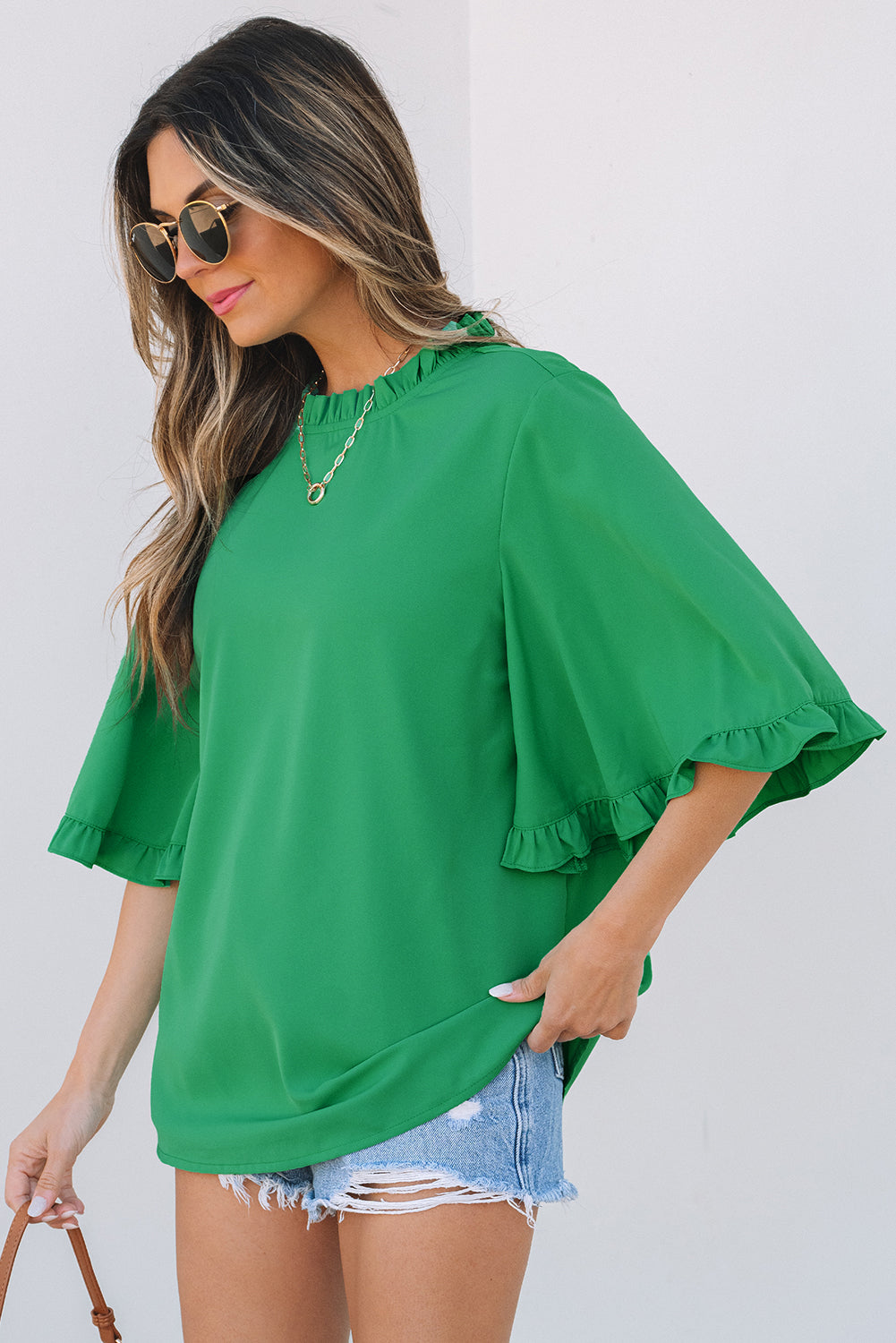 Wide Frilly Round-Neck Half Sleeve Blouse
