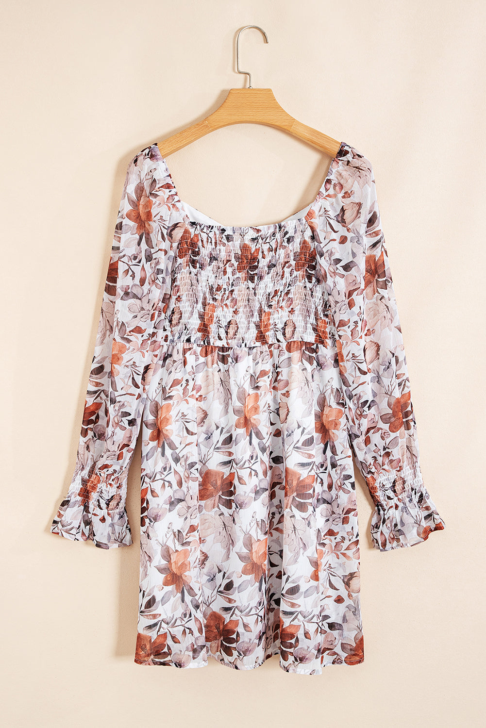 Sweetheart Neck Floral-Print Neck Long-Sleeved High-Waisted Mini Dress