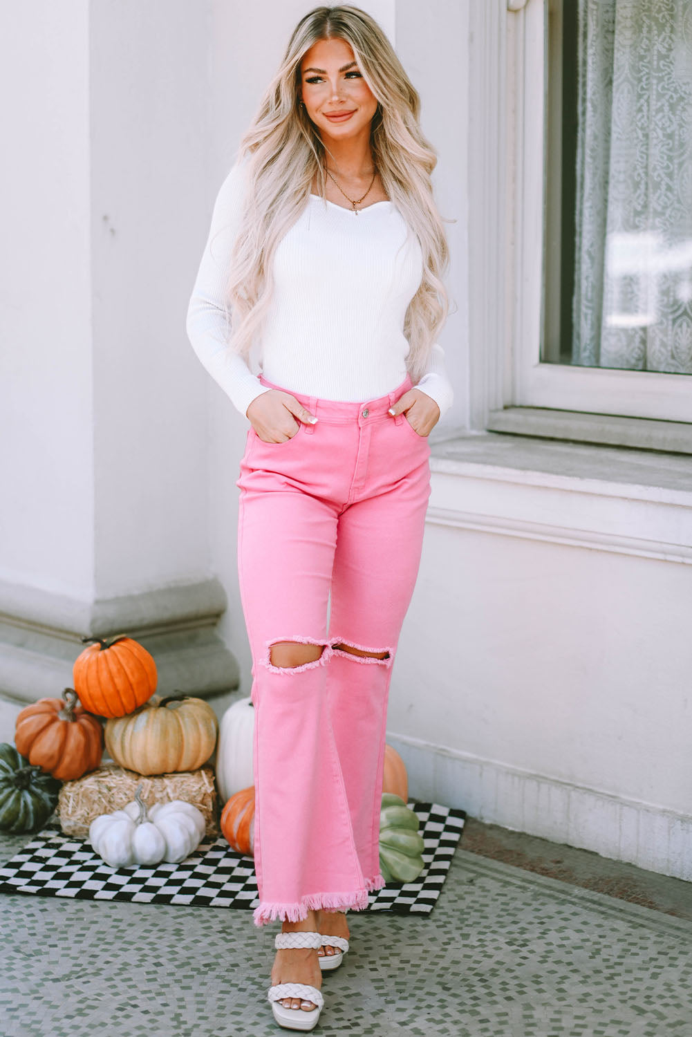 Women's Jeans Featuring Raw-Edge Vintage Flare Leg Ripped