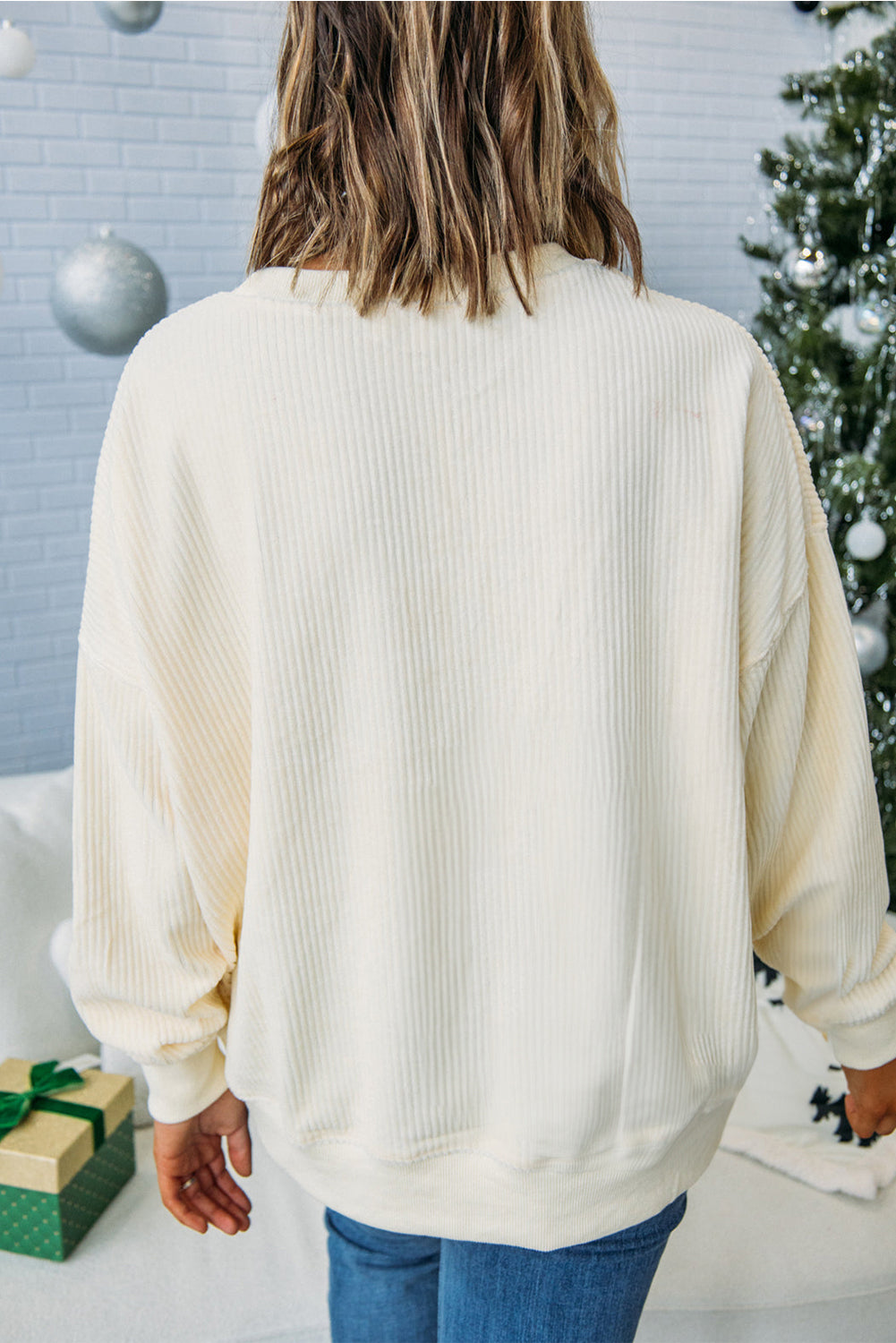 little thing merry thing Corded Letter Graphic Rib-Knit Loose Sweatshirt