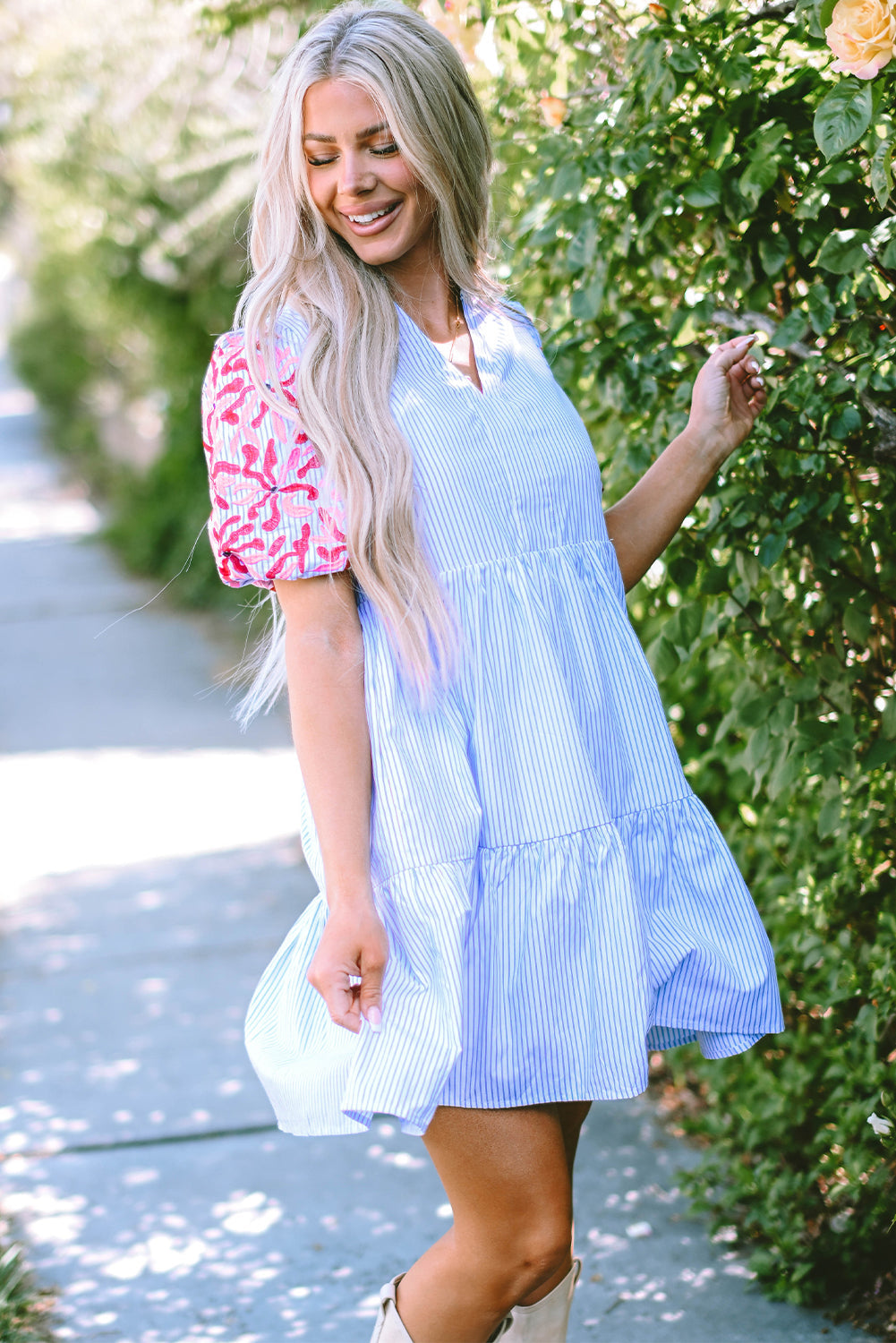 Women's Dress Featuring Balloon Sleeve Layered Ruffle-Trimmed Floral-Print