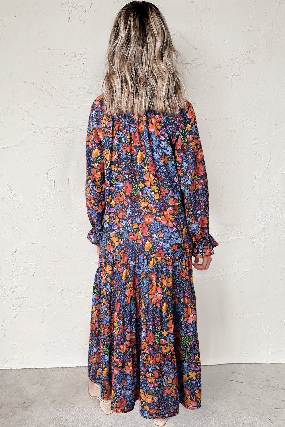 Floral-Print V-Neck Tassel Tie Long-Sleeved Flowy Long Dress