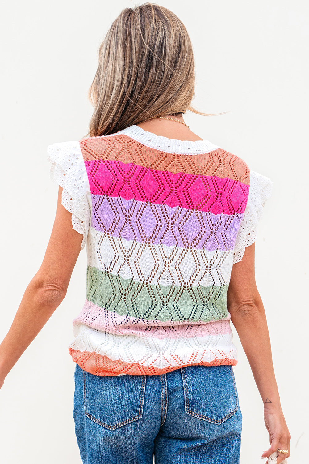 Colorblock Hollowed Knit Scallop Edge Sweater Vest