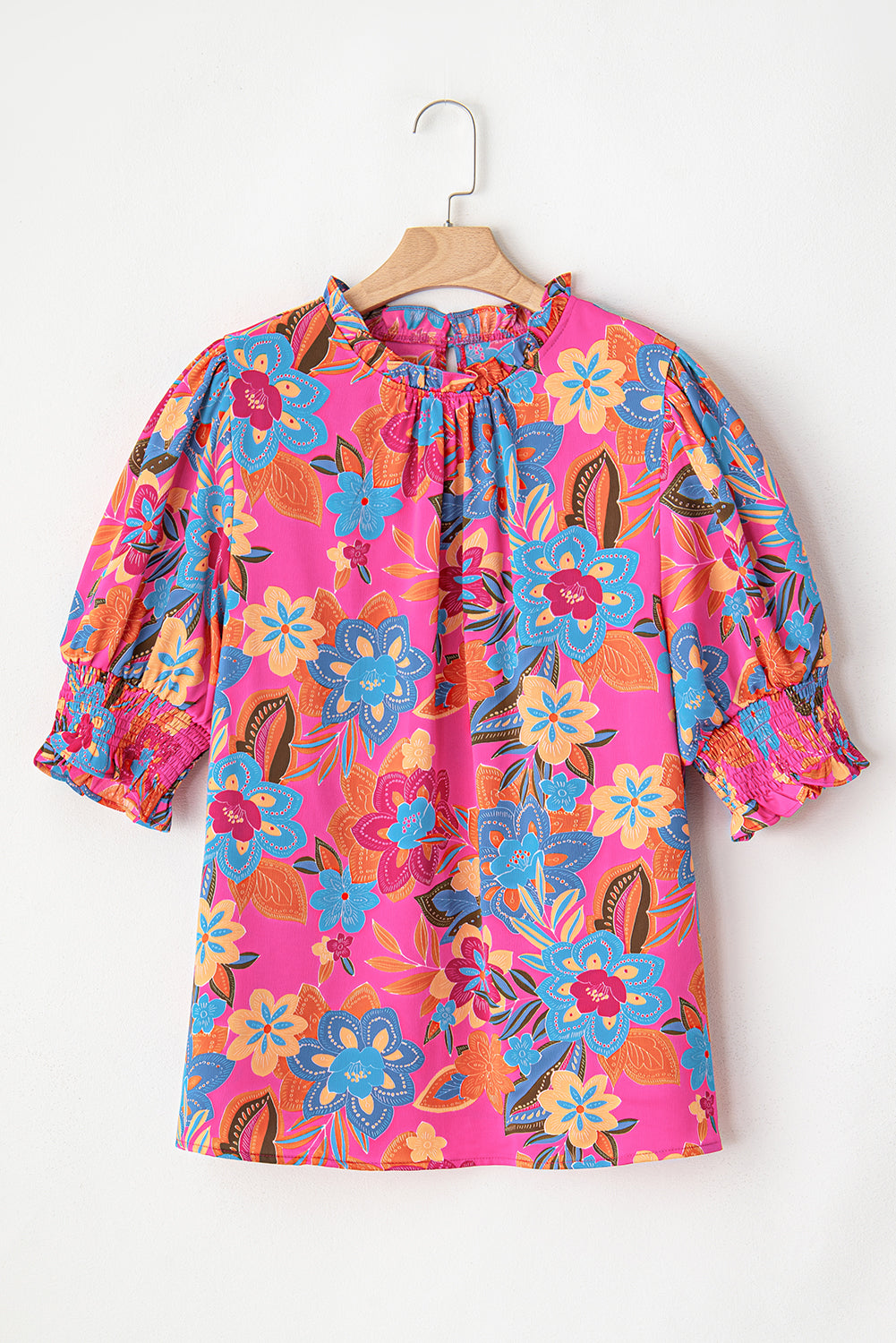 Plus - Blouse à imprimé floral et manches bouffantes à col froncé