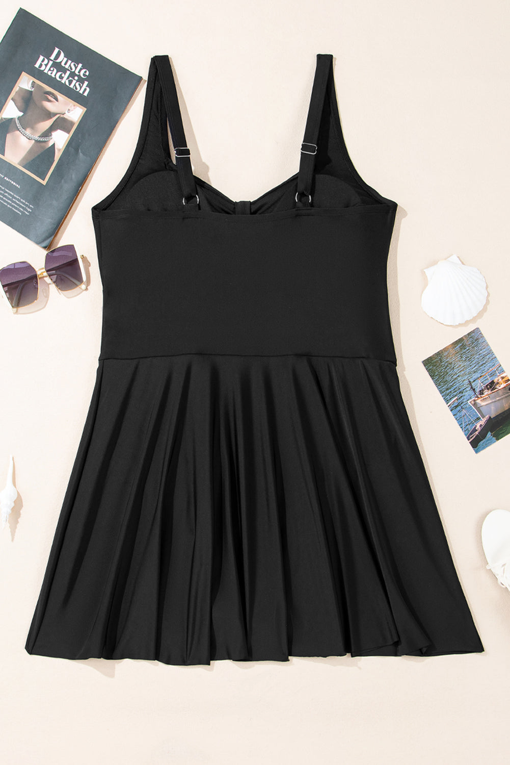 Plus Size Black Pleated Ruffled One Piece Swim Dress
